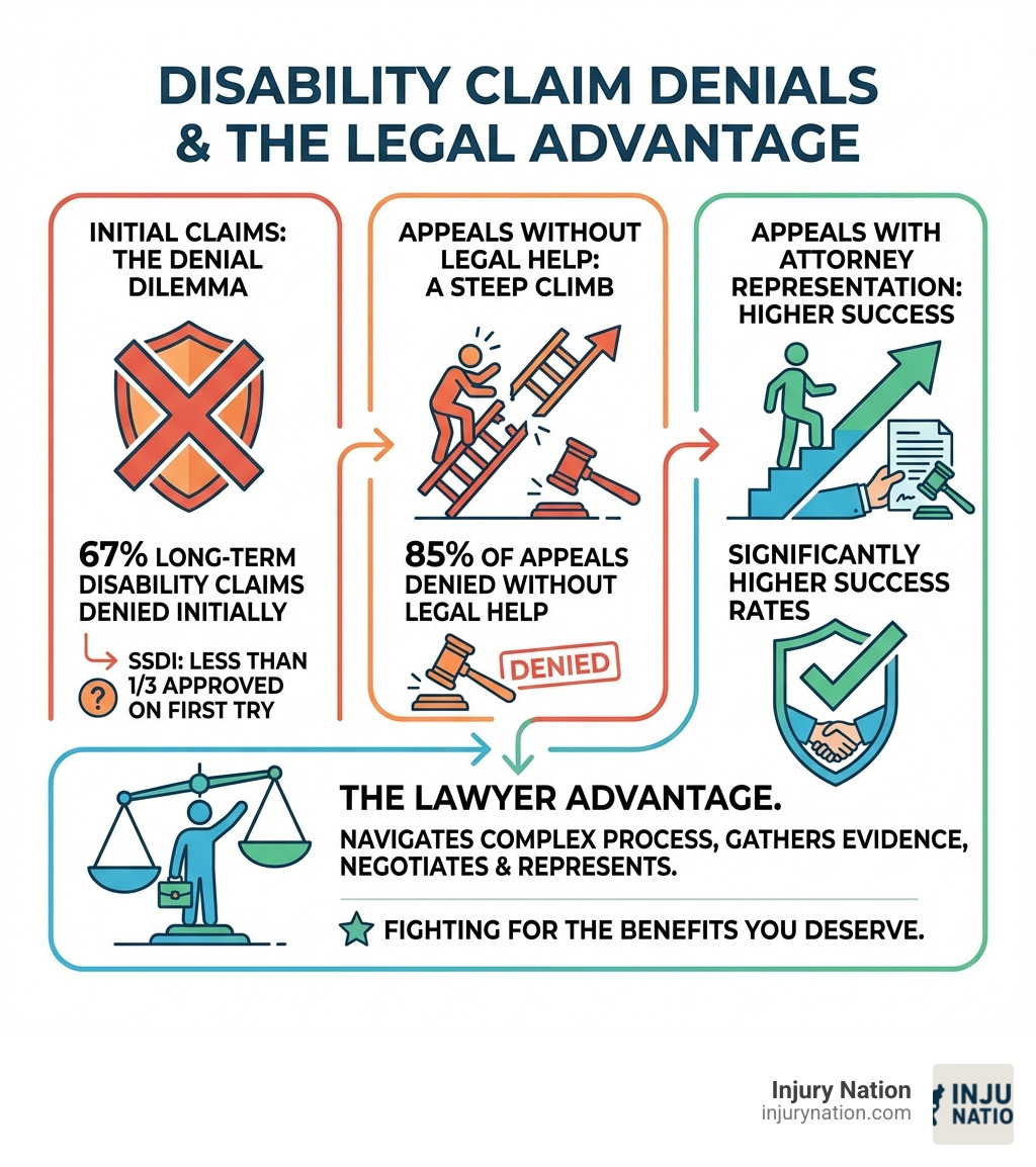 infographic showing disability claim denial statistics: 67% of long-term disability claims denied initially, less than one-third of SSDI claims approved on first try, 85% of appeals denied without legal help, and higher success rates with attorney representation - disability insurance claim denial lawyer infographic infographic showing disability claim denial statistics: 67% of long-term disability claims denied initially, less than one-third of SSDI claims approved on first try, 85% of appeals denied without legal help, and higher success rates with attorney representation - disability insurance claim denial lawyer infographic