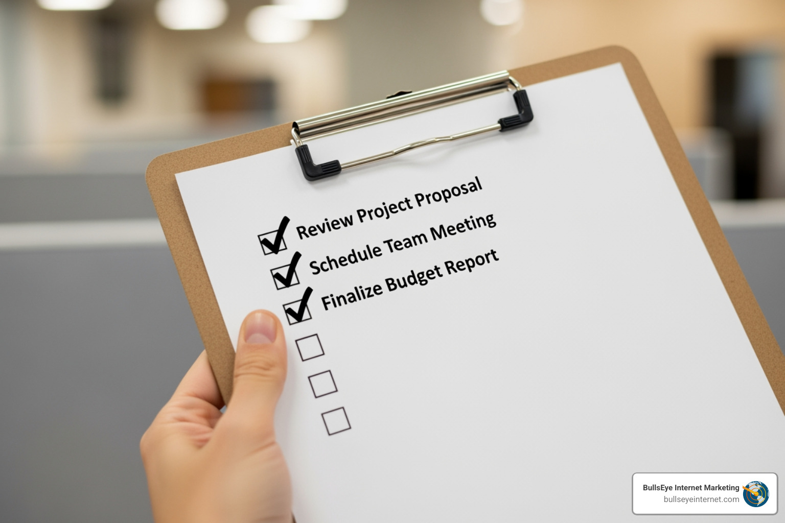 Clipboard with checked tasks: "Review Project Proposal," "Schedule Team Meeting," and "Finalize Budget Report," representing organized project management for BullsEye Internet Marketing.
