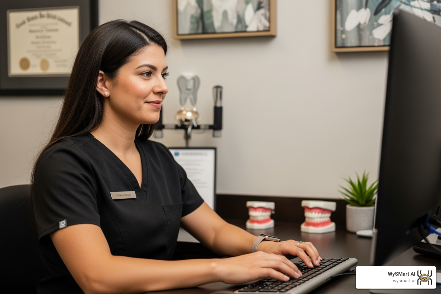 dental office manager responding to a comment on a computer - Social media for dentists