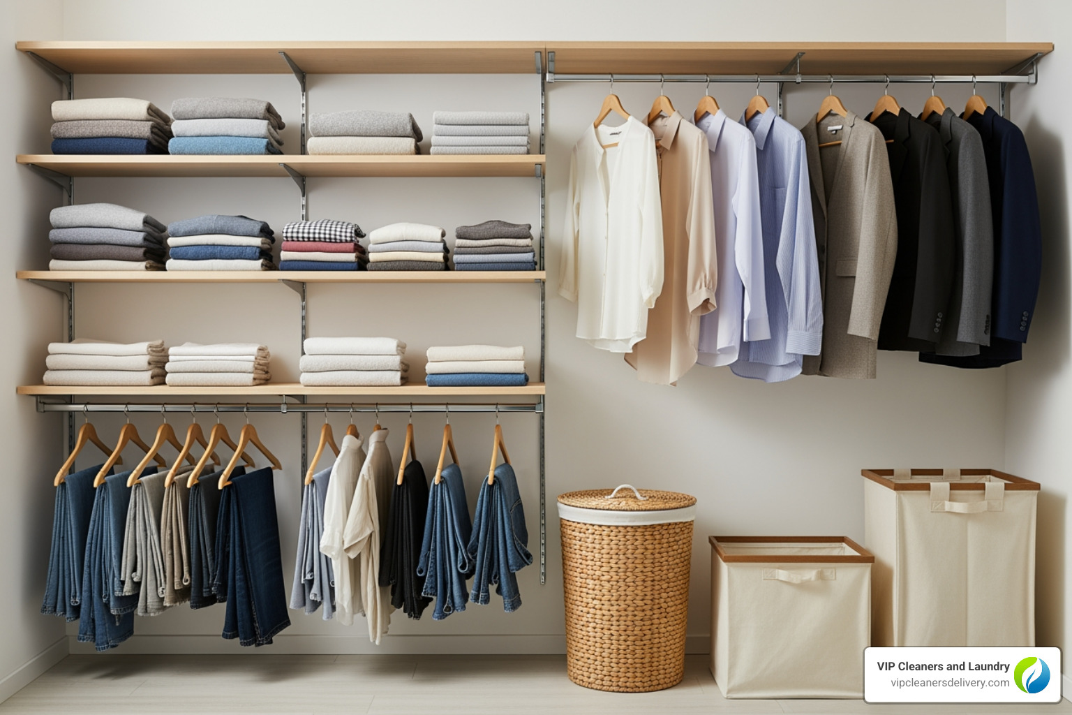 Clean, organized closet with neatly folded clothes and empty laundry hampers - laundry delivery san diego