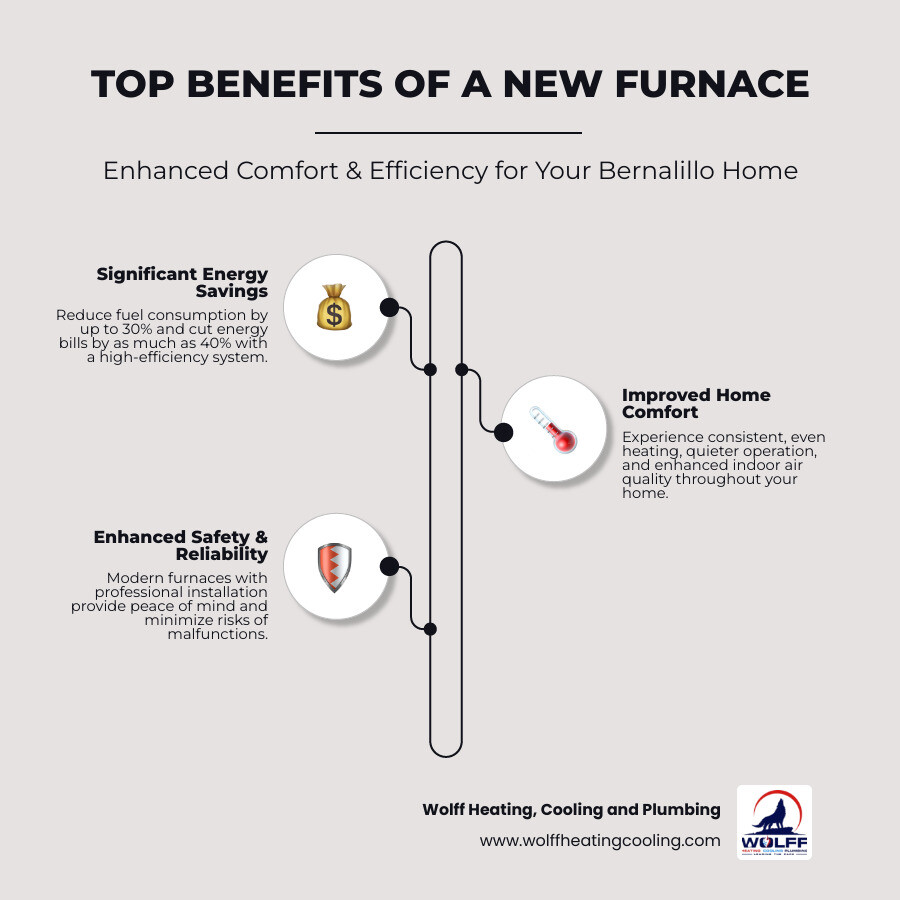 infographic showing three main benefits of new furnace installation: a dollar sign with 40% savings label representing energy cost reduction, a thermometer showing consistent temperature for improved comfort, and a shield icon representing safety improvements with proper installation and modern safety features - furnace installation bernalillo nm infographic infographic-line-3-steps-elegant_beige infographic showing three main benefits of new furnace installation: a dollar sign with 40% savings label representing energy cost reduction, a thermometer showing consistent temperature for improved comfort, and a shield icon representing safety improvements with proper installation and modern safety features - furnace installation bernalillo nm infographic infographic-line-3-steps-elegant_beige