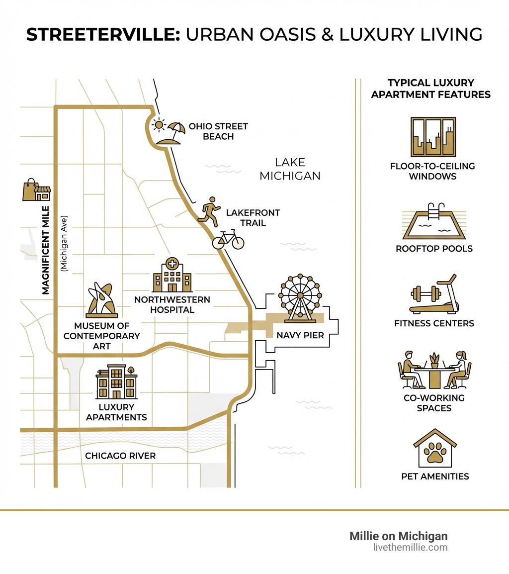 Infographic showing a map of Streeterville's boundaries between the Chicago River and Lake Michigan, with icons marking key locations including the Magnificent Mile, Navy Pier, Museum of Contemporary Art, Northwestern Hospital, Ohio Street Beach, and the Lakefront Trail, along with a list of typical luxury apartment features: floor-to-ceiling windows, rooftop pools, fitness centers, co-working spaces, and pet amenities - luxury apartments streeterville infographic Infographic showing a map of Streeterville's boundaries between the Chicago River and Lake Michigan, with icons marking key locations including the Magnificent Mile, Navy Pier, Museum of Contemporary Art, Northwestern Hospital, Ohio Street Beach, and the Lakefront Trail, along with a list of typical luxury apartment features: floor-to-ceiling windows, rooftop pools, fitness centers, co-working spaces, and pet amenities - luxury apartments streeterville infographic