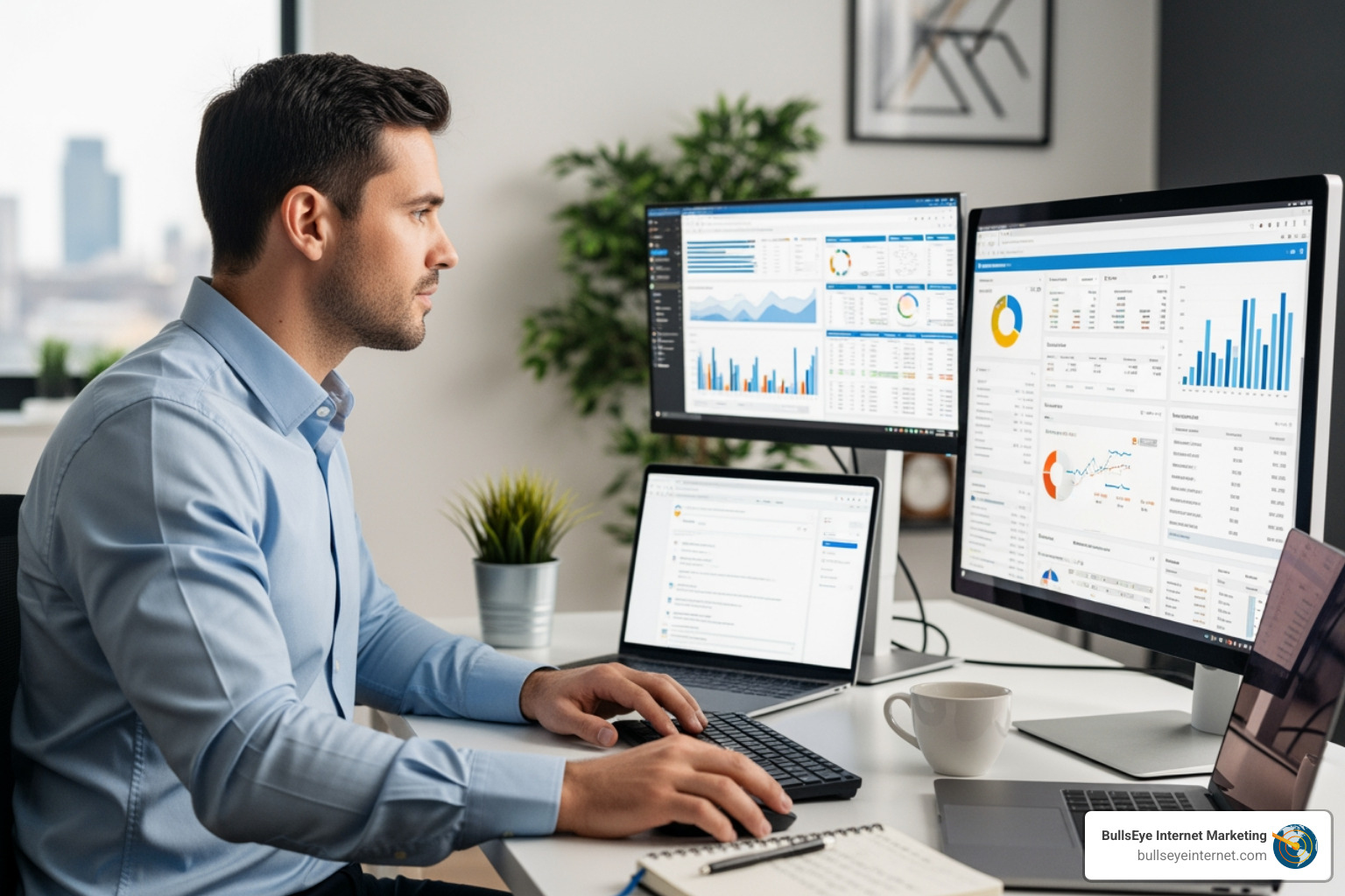 A dashboard showing various PPC campaign metrics like clicks, impressions, conversions, and cost - pay per click management expert Man working at a desk with multiple monitors displaying PPC campaign analytics and performance metrics, emphasizing digital marketing strategies and data analysis for BullsEye Internet Marketing.