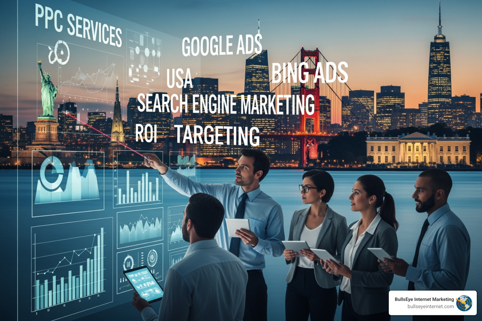 Business professionals analyzing PPC services data on digital screens, featuring keywords like "Google Ads," "Bing Ads," "ROI," and "Search Engine Marketing," with the Statue of Liberty and city skyline in the background.