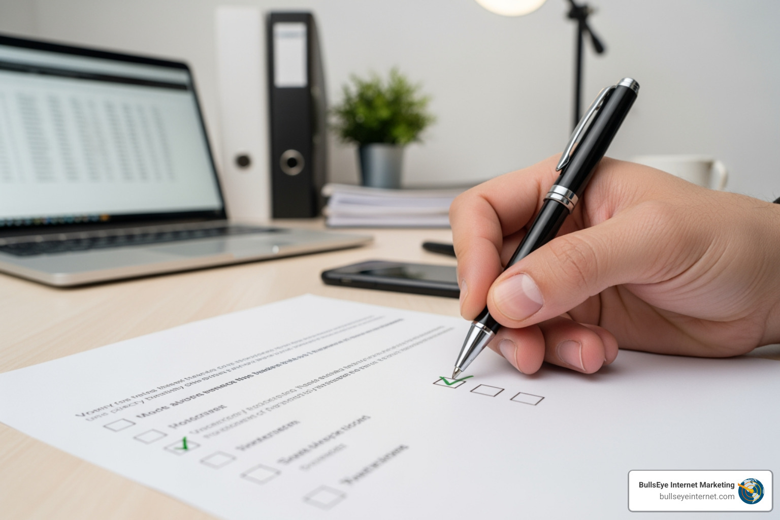 Person checking off a task on a checklist with a pen, laptop displaying data in the background, emphasizing organization and evaluation for PPC services.
