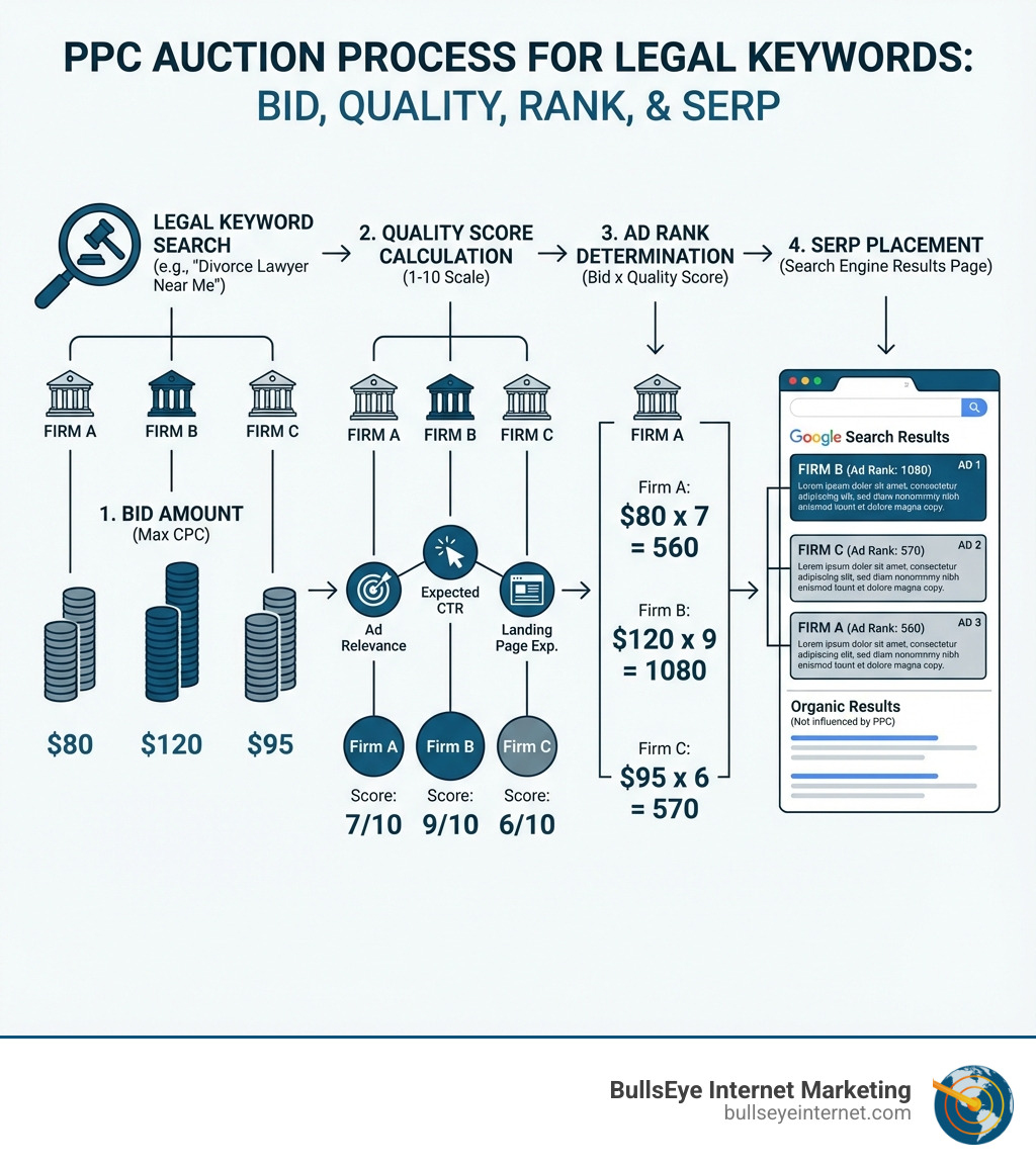 PPC auction process infographic for legal keywords, illustrating bid amounts, quality score calculations, ad rank determination, and SERP placement, highlighting strategies for law firms to optimize pay-per-click advertising.