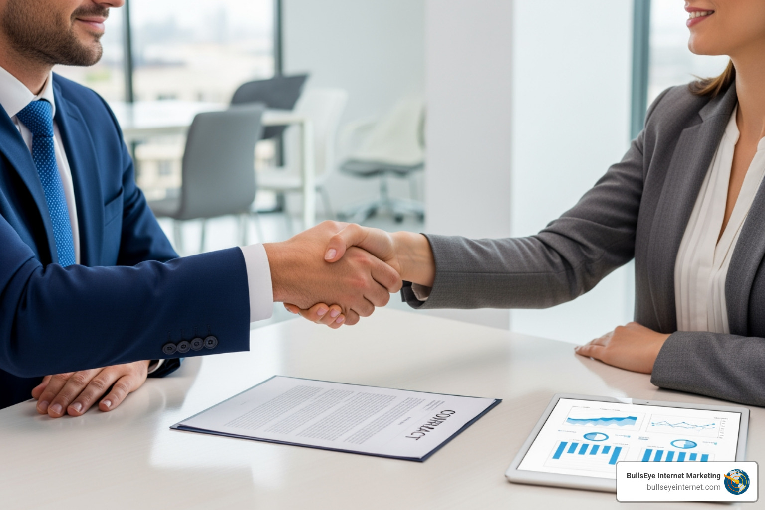 Business professionals shaking hands over a contract, with a tablet displaying analytics, symbolizing successful PPC strategies for law firms.