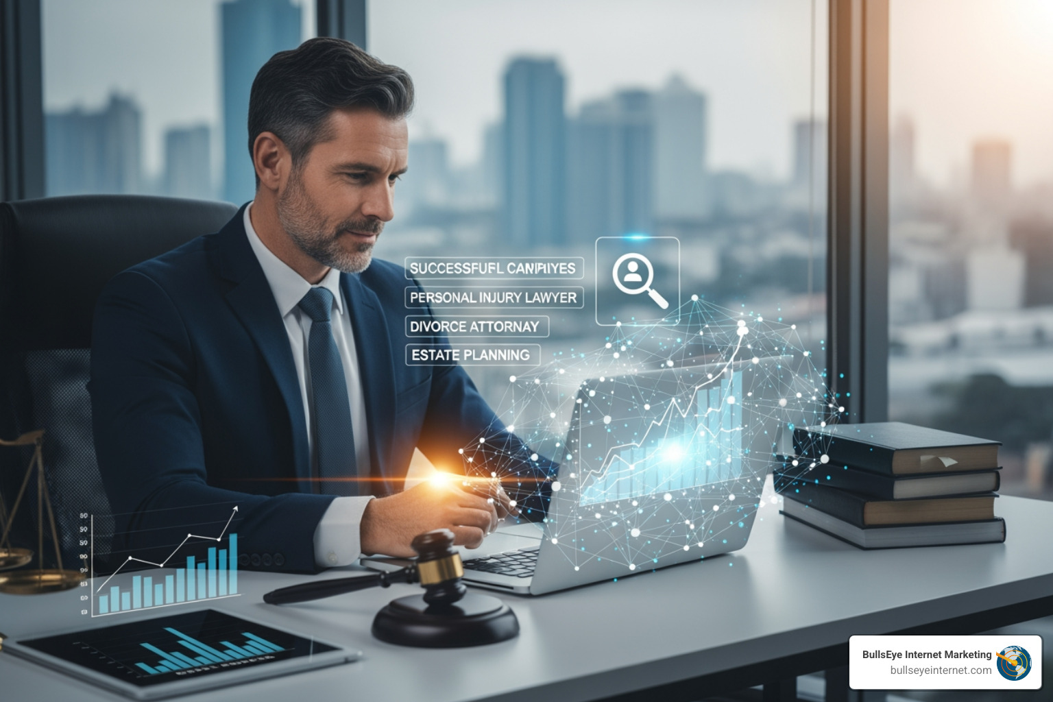 Business professional analyzing data on a laptop with keywords like "personal injury lawyer," "divorce attorney," and "estate planning," alongside a gavel and stacked books, illustrating PPC strategies for law firms.