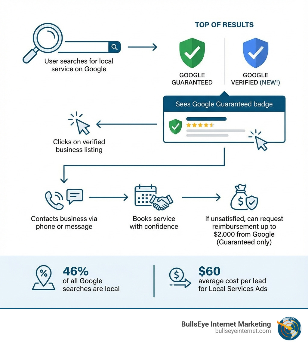 Infographic showing the Google Guarantee customer journey: User searches for local service on Google → Sees Google Guaranteed badge at top of results → Clicks on verified business listing → Contacts business via phone or message → Books service with confidence → If unsatisfied, can request reimbursement up to $2,000 from Google. Includes visual representation of the green Google Guaranteed badge, the new blue Google Verified badge, and key statistics: 46% of all Google searches are local, $60 average cost per lead for Local Services Ads - google guaranteed business infographic Infographic showing the Google Guarantee customer journey: User searches for local service on Google → Sees Google Guaranteed badge at top of results → Clicks on verified business listing → Contacts business via phone or message → Books service with confidence → If unsatisfied, can request reimbursement up to $2,000 from Google. Includes visual representation of the green Google Guaranteed badge, the new blue Google Verified badge, and key statistics: 46% of all Google searches are local, $60 average cost per lead for Local Services Ads - google guaranteed business infographic
