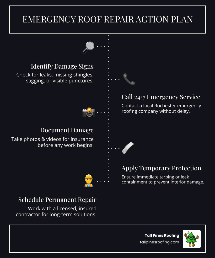 Infographic showing emergency roof repair decision tree: 1) Identify damage signs (leaks, missing shingles, sagging), 2) Call 24/7 emergency service, 3) Document damage for insurance, 4) Get temporary protection (tarping), 5) Schedule permanent repair with licensed contractor - Who are the best emergency roof repair companies in Rochester, NY?" infographic infographic-line-5-steps-dark