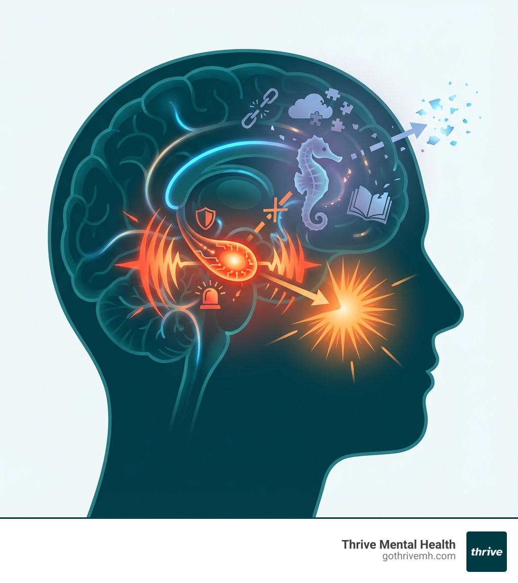 infographic explaining how the brain's fear center (amygdala) and memory center (hippocampus) are affected by trauma. - specialists who treat cognitive issues like memory loss caused by trauma infographic 