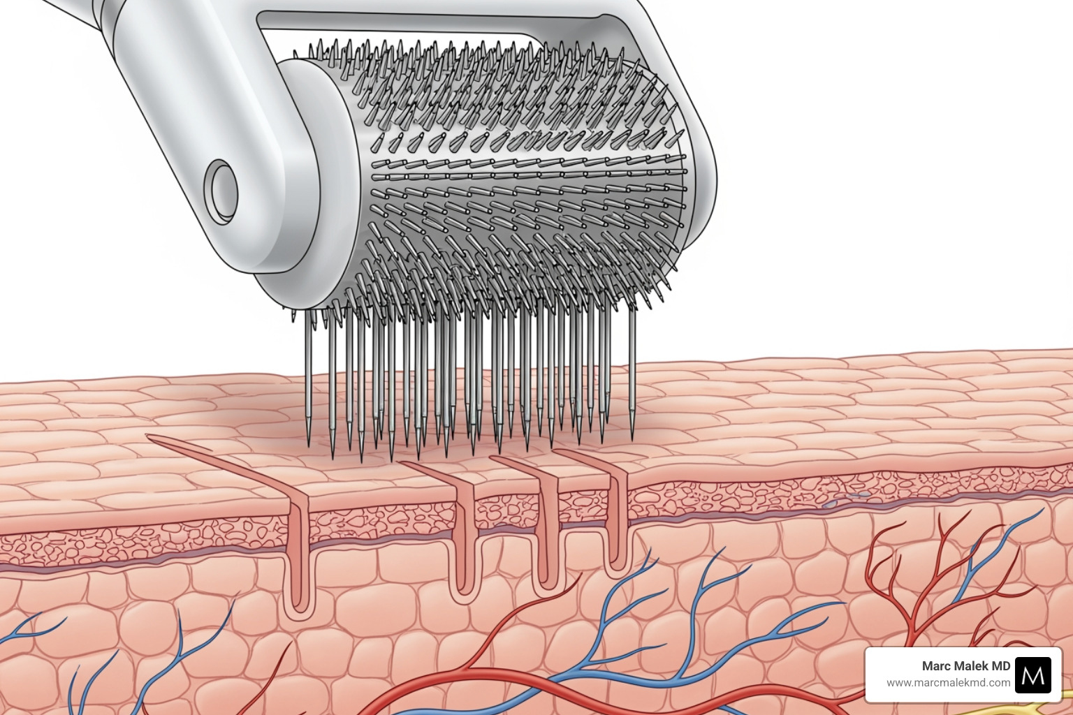 A microneedling device creating micro-channels in a skin diagram - best microneedling in scottsdale A microneedling device creating micro-channels in a skin diagram - best microneedling in scottsdale