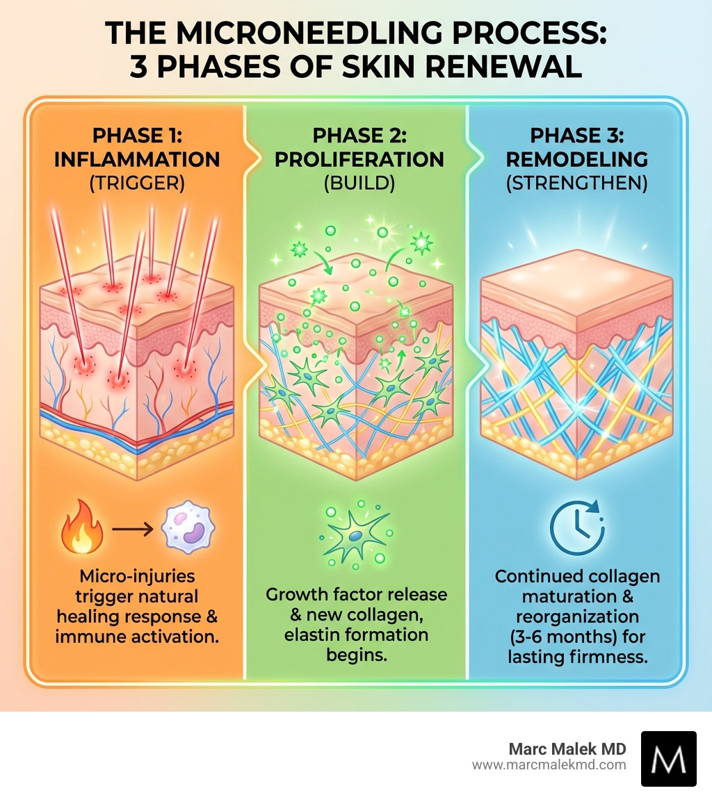 infographic showing the three phases of microneedling: inflammation phase with micro-injuries triggering healing, proliferation phase with growth factor release and new collagen formation, and remodeling phase with continued collagen production for 3-6 months - best microneedling in scottsdale infographic infographic showing the three phases of microneedling: inflammation phase with micro-injuries triggering healing, proliferation phase with growth factor release and new collagen formation, and remodeling phase with continued collagen production for 3-6 months - best microneedling in scottsdale infographic