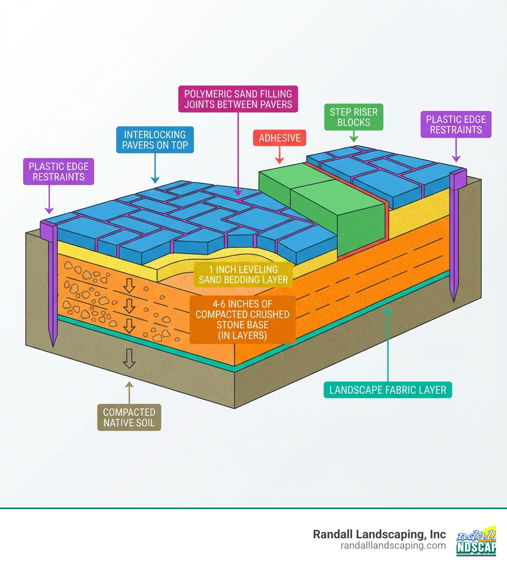 Infographic showing the cross-section layers of a paver walkway with steps installation: from bottom to top - compacted native soil, landscape fabric layer, 4-6 inches of compacted crushed stone base in layers, 1 inch leveling sand bedding layer, interlocking pavers on top, plastic edge restraints on sides, polymeric sand filling joints between pavers, and step riser blocks with adhesive creating elevation changes - how to install paver walkway with steps infographic 