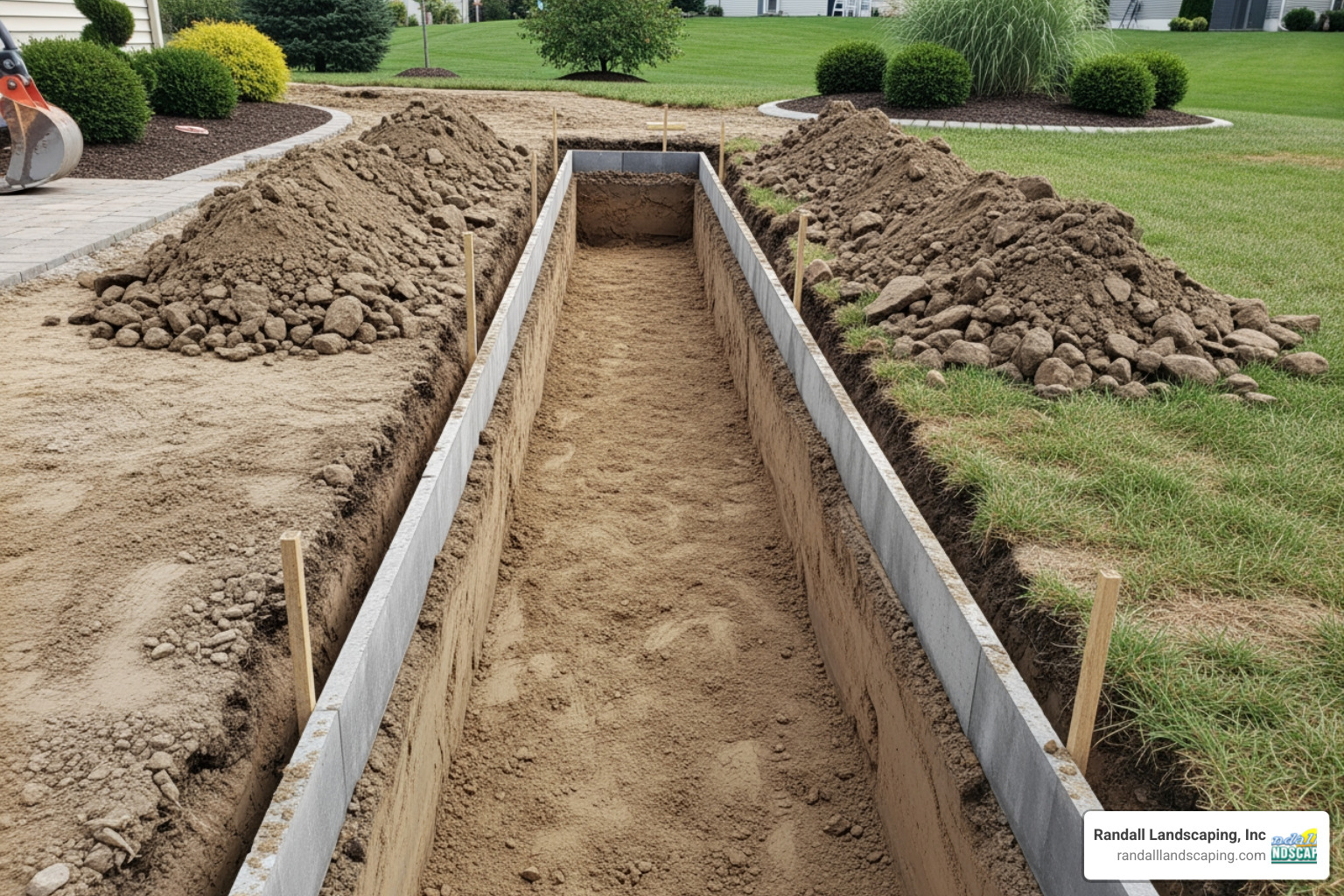 A picture of an excavated trench for a paver walkway, showing precise edges and a level bottom - how to install paver walkway with steps