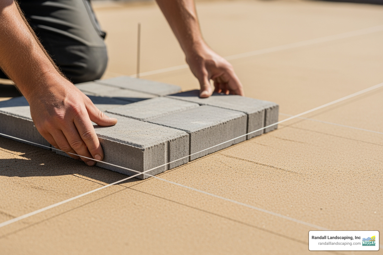 A close-up shot of hands carefully laying a paver on a prepared sand bed, with string lines visible for alignment - how to install paver walkway with steps