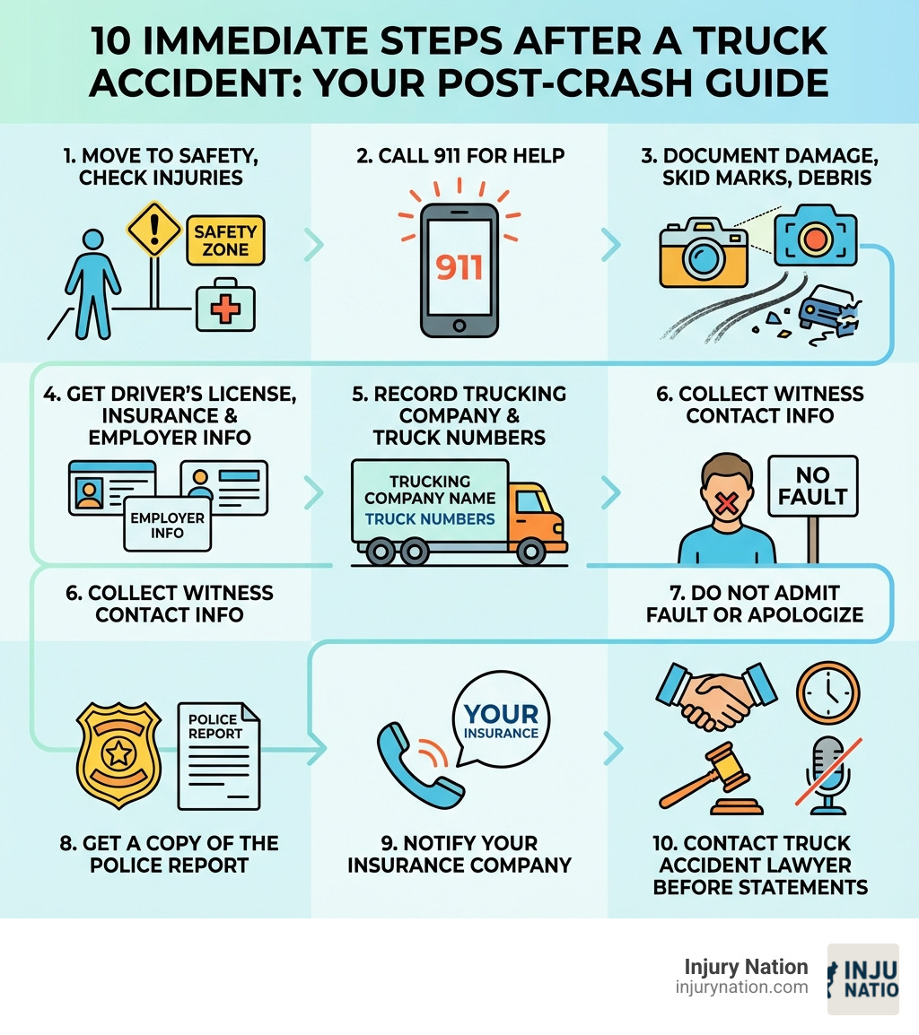 infographic showing 10 immediate steps after a truck accident: 1. Move to safety and check for injuries 2. Call 911 for police and medical help 3. Take photos of damage, skid marks, and debris 4. Get truck driver's license, insurance, and employer info 5. Record trucking company name and truck numbers 6. Collect witness names and contact information 7. Do NOT admit fault or apologize 8. Get a copy of the police report 9. Notify your insurance company 10. Contact a truck accident lawyer before giving any recorded statements - Truck accident legal advice infographic 