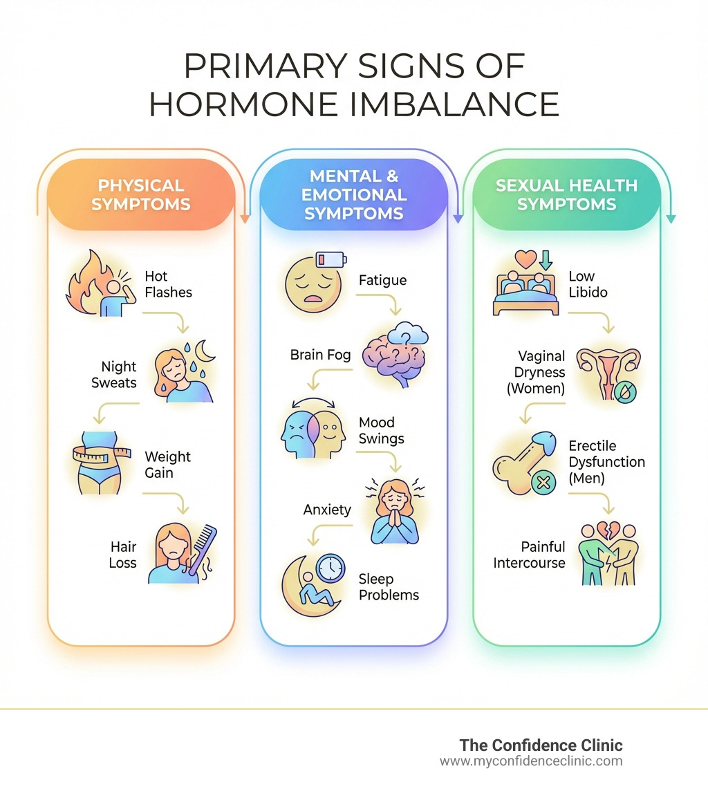 Infographic showing the primary signs of hormone imbalance divided into categories: Physical Symptoms (hot flashes, night sweats, weight gain, hair loss), Mental and Emotional Symptoms (fatigue, brain fog, mood swings, anxiety, sleep problems), and Sexual Health Symptoms (low libido, vaginal dryness in women, erectile dysfunction in men, painful intercourse) - what are the signs that you need hormone replacement therapy infographic Infographic showing the primary signs of hormone imbalance divided into categories: Physical Symptoms (hot flashes, night sweats, weight gain, hair loss), Mental and Emotional Symptoms (fatigue, brain fog, mood swings, anxiety, sleep problems), and Sexual Health Symptoms (low libido, vaginal dryness in women, erectile dysfunction in men, painful intercourse) - what are the signs that you need hormone replacement therapy infographic