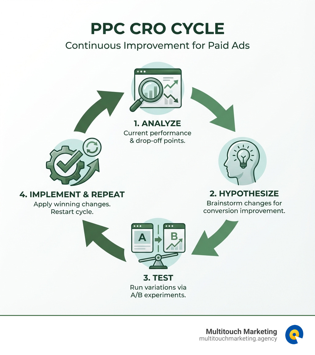 Infographic showing the PPC CRO cycle: a circular diagram with four connected stages - Analyze current performance and identify drop-off points, Hypothesize what changes could improve conversions, Test variations through A/B experiments, and Implement winning changes then repeat the cycle - Conversion rate optimization PPC infographic Infographic showing the PPC CRO cycle: a circular diagram with four connected stages - Analyze current performance and identify drop-off points, Hypothesize what changes could improve conversions, Test variations through A/B experiments, and Implement winning changes then repeat the cycle - Conversion rate optimization PPC infographic