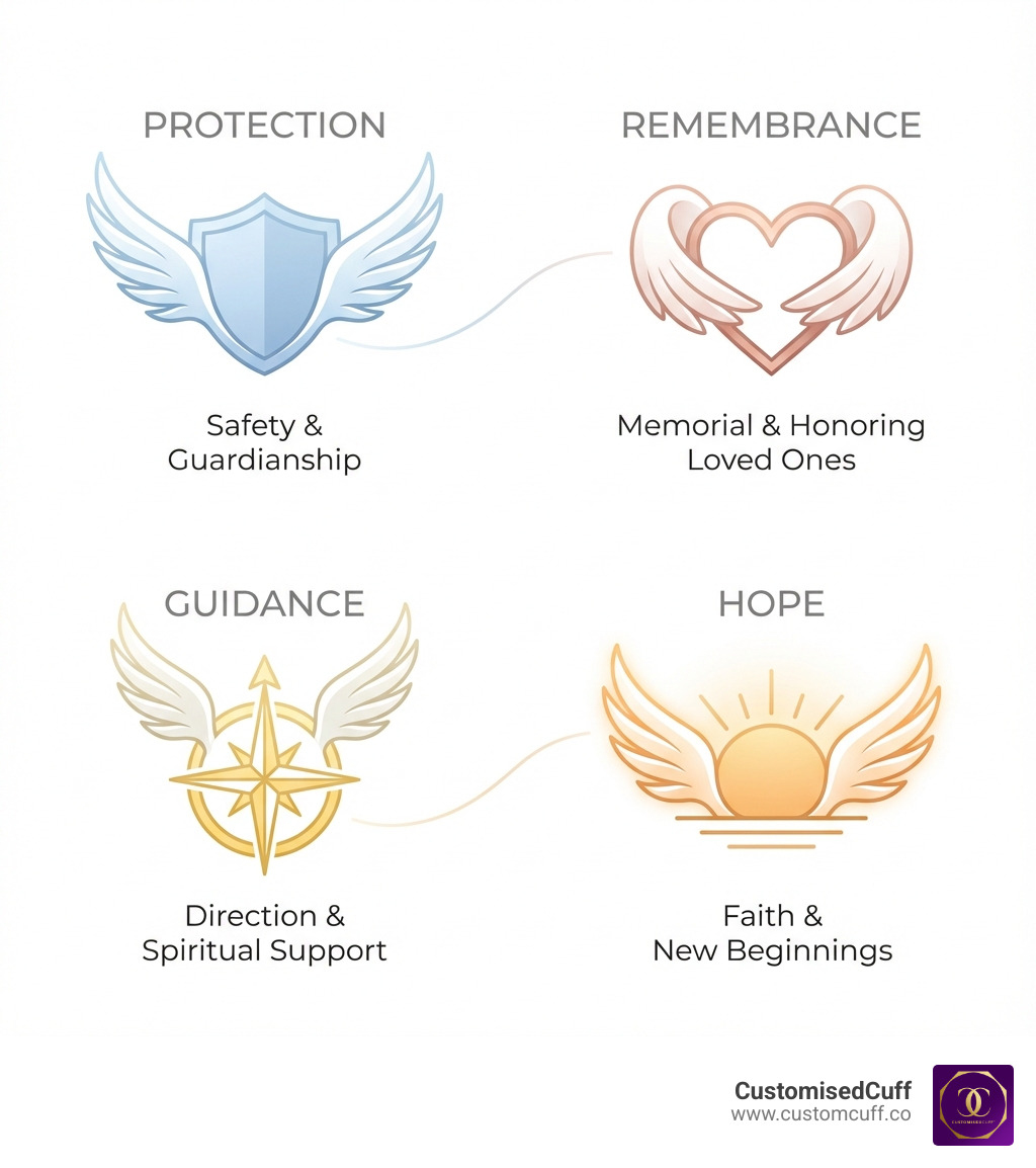 Infographic showing the four core meanings of angel wings in jewelry: Protection (shield symbol with wings representing safety and guardianship), Remembrance (heart with wings symbolizing memorial and honoring loved ones), Guidance (compass with wings indicating direction and spiritual support), and Hope (rising sun with wings representing faith and new beginnings) - custom angel wing necklace infographic 