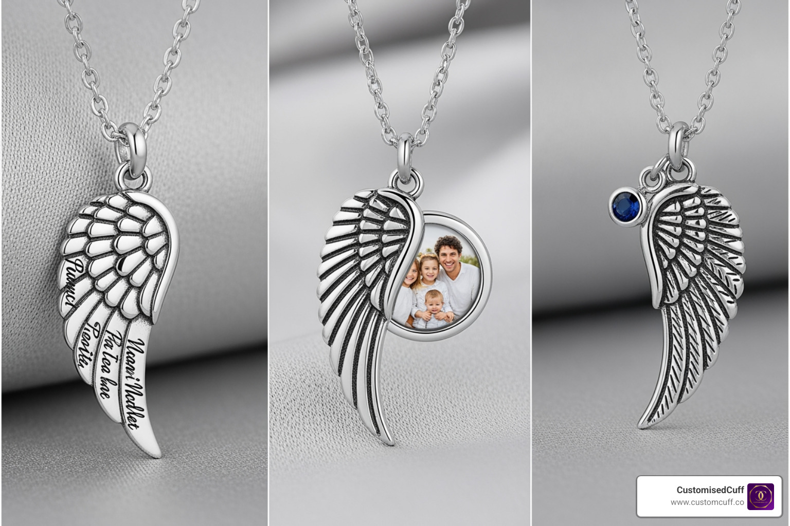 collage showcasing different personalization types: a necklace with engraved handwriting, one with a photo, and another with a birthstone - custom angel wing necklace