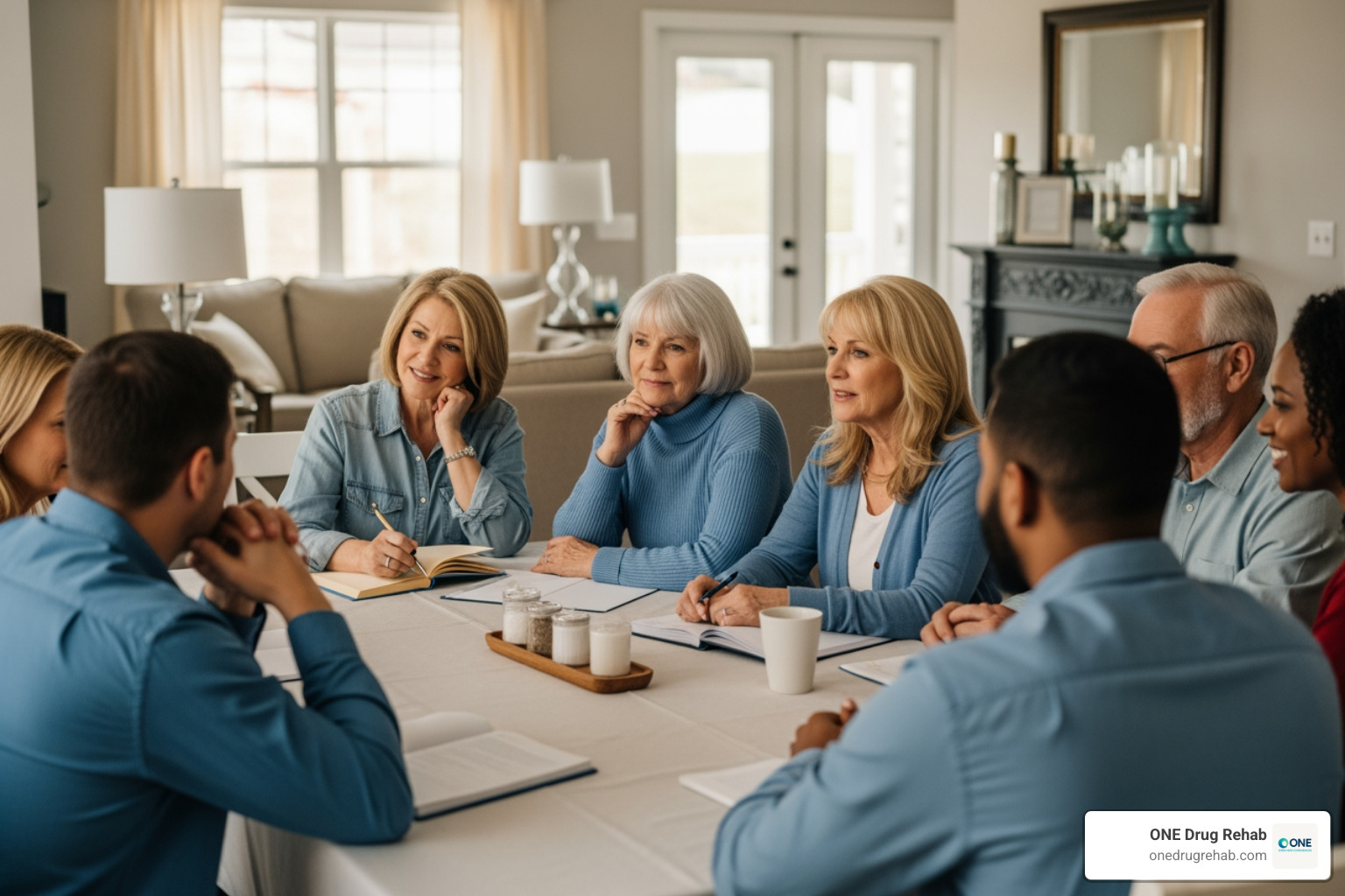 Residents participating in a positive group activity or house meeting - mass sober housing