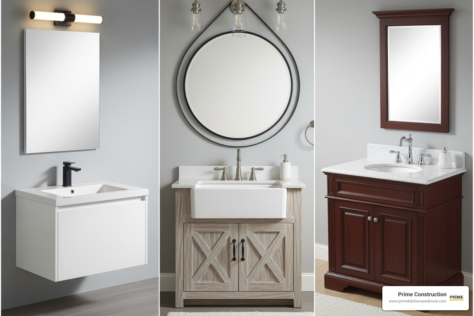 Collage of modern, farmhouse, and traditional 24-inch bathroom vanities - 24 inch vanity