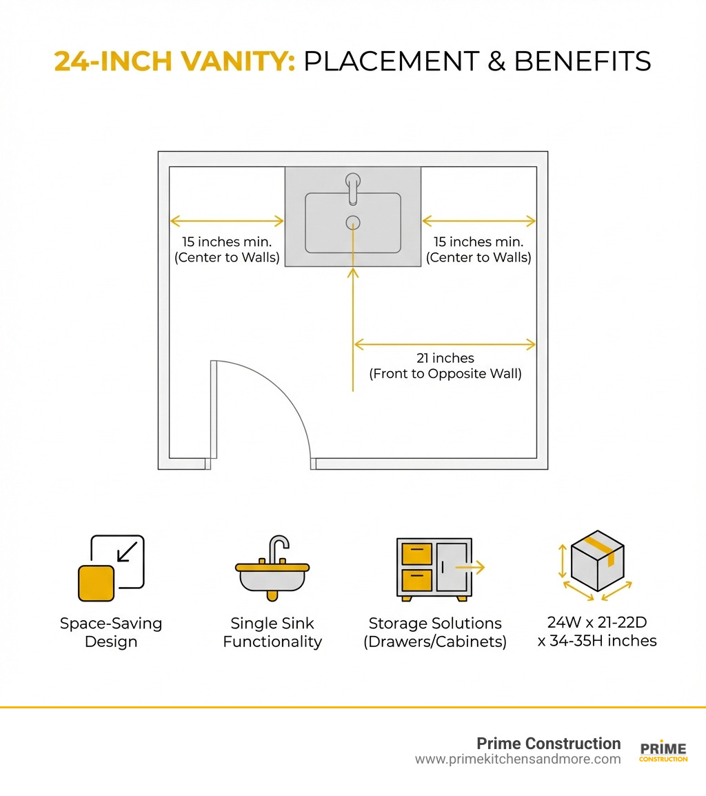 Infographic showing a top-down floor plan of a small bathroom with a 24-inch vanity placement, including clearance measurements (15 inches minimum from center of sink to walls, 21 inches from front of vanity to opposite wall), plus icons highlighting key benefits: space-saving design, single sink functionality, storage solutions with drawers or cabinets, and typical dimensions of 24W x 21-22D x 34-35H inches - 24 inch vanity infographic 