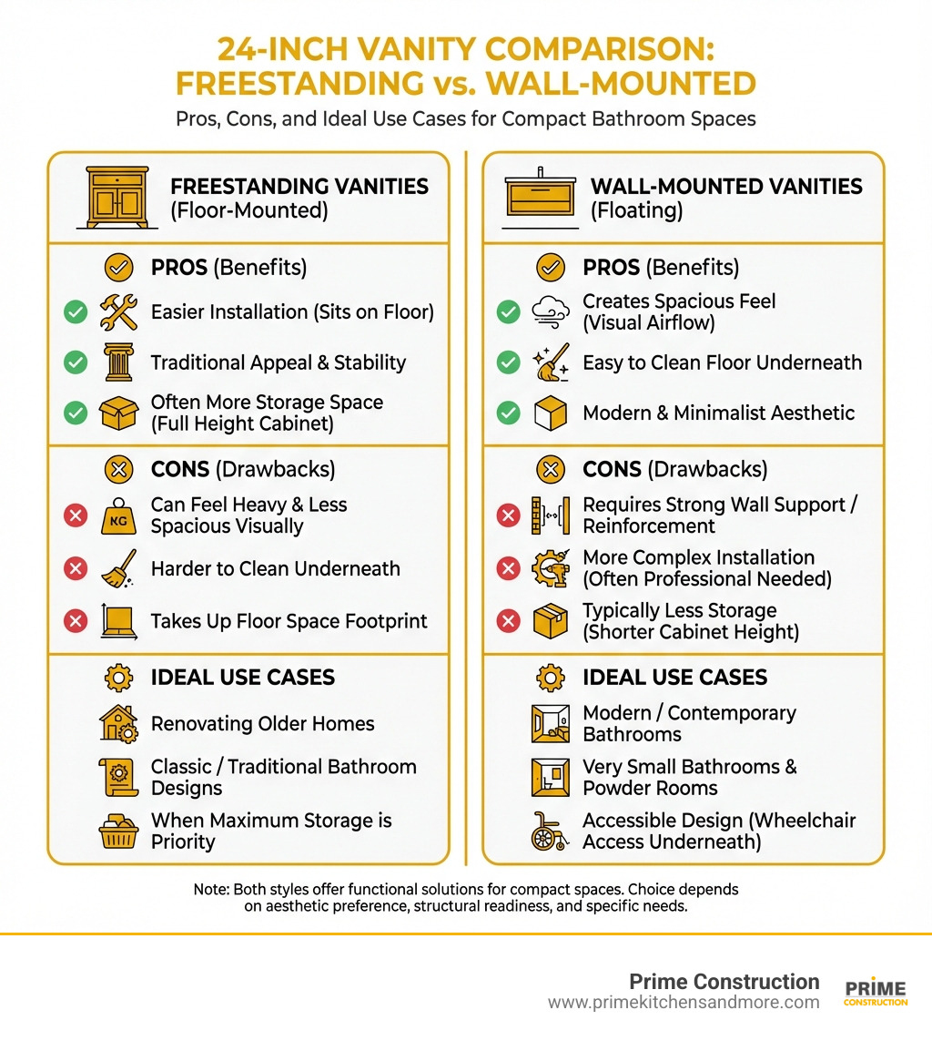Table of comparison between Freestanding and Wall-Mounted Vanities, covering pros, cons, and ideal use cases - 24 inch vanity infographic 