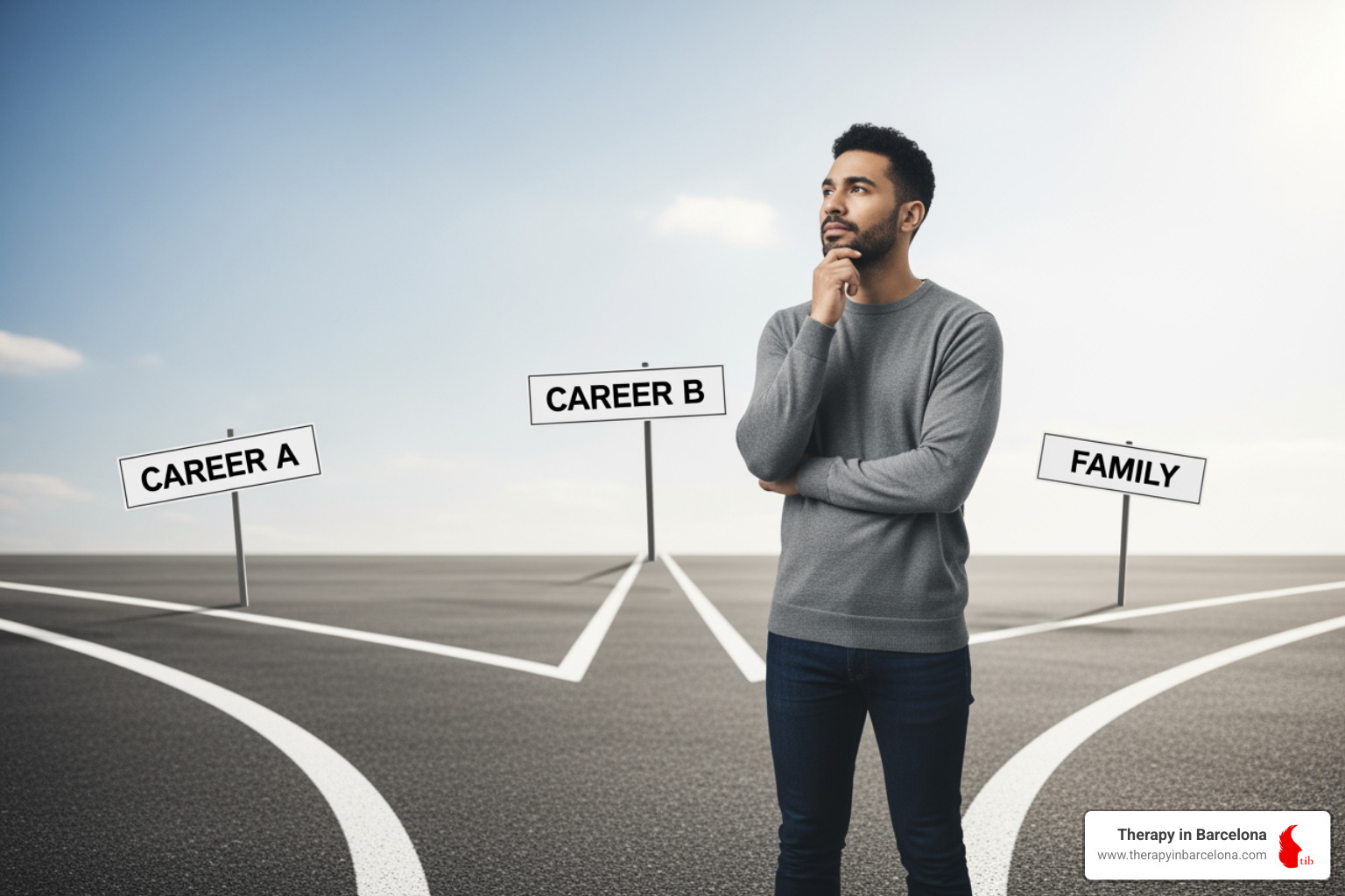 person at crossroads contemplating career change - therapy for career change