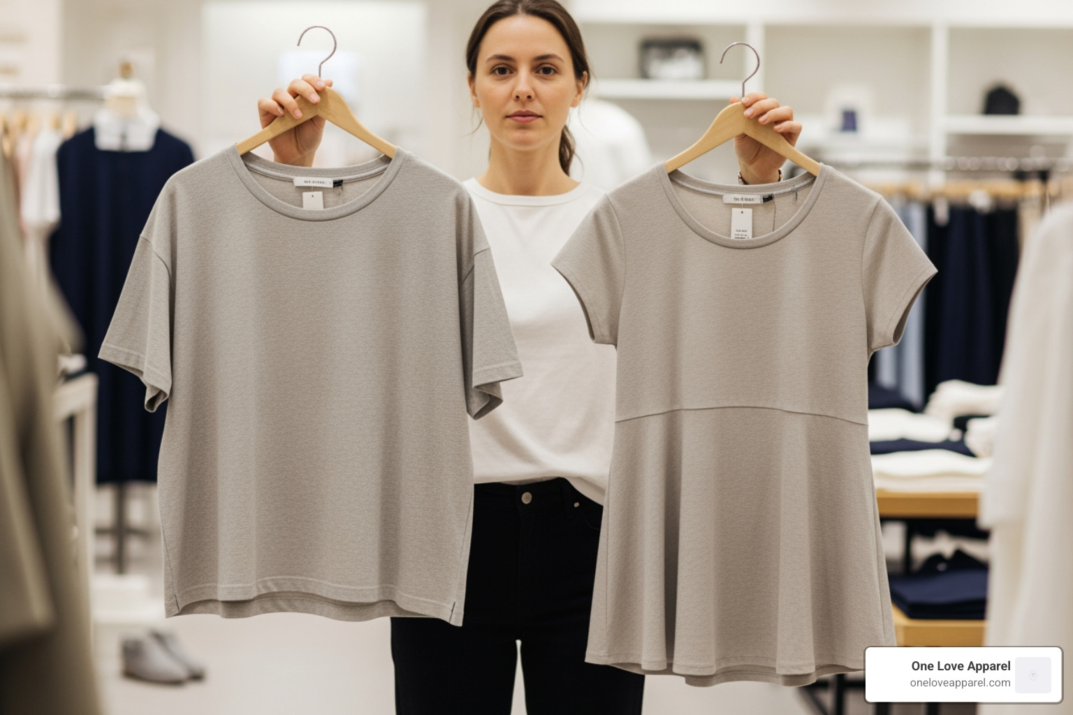 woman comparing boxy t-shirt to A-line t-shirt - flattering t-shirt that hides stomach woman comparing boxy t-shirt to A-line t-shirt - flattering t-shirt that hides stomach