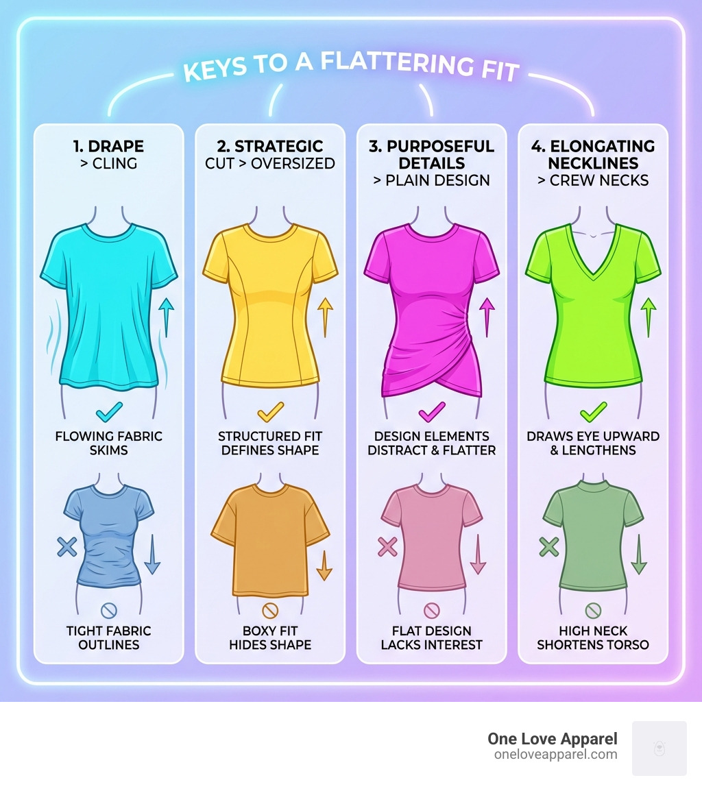 infographic showing the 4 keys to a flattering fit: drape over cling, strategic cut over oversized, purposeful details over plain design, and elongating necklines over crew necks - flattering t-shirt that hides stomach infographic infographic showing the 4 keys to a flattering fit: drape over cling, strategic cut over oversized, purposeful details over plain design, and elongating necklines over crew necks - flattering t-shirt that hides stomach infographic