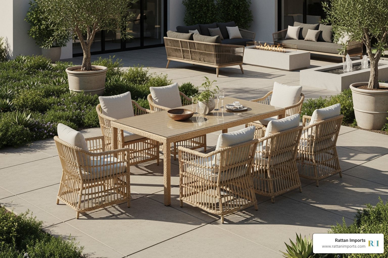 Modern rattan dining set with minimalist decor and clean lines - outdoor rattan dining table