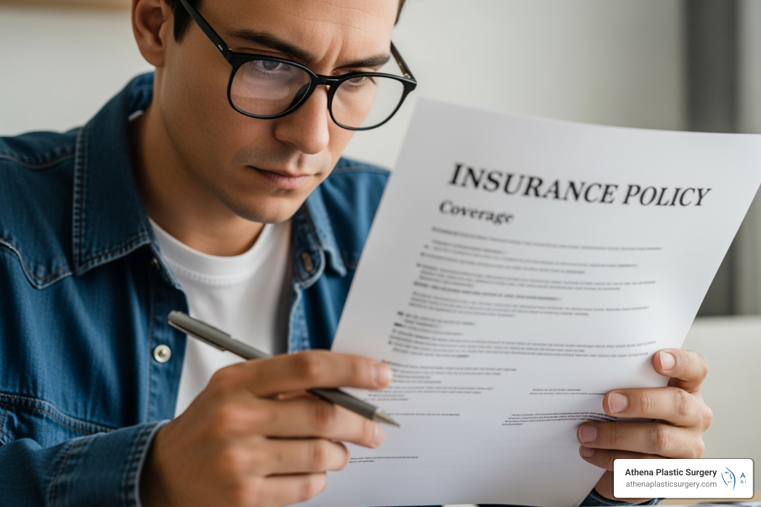 Image of a person meticulously reviewing an insurance policy document, with glasses perched on their nose, highlighting the detailed nature of understanding coverage. - lower blepharoplasty cost Image of a person meticulously reviewing an insurance policy document, with glasses perched on their nose, highlighting the detailed nature of understanding coverage. - lower blepharoplasty cost