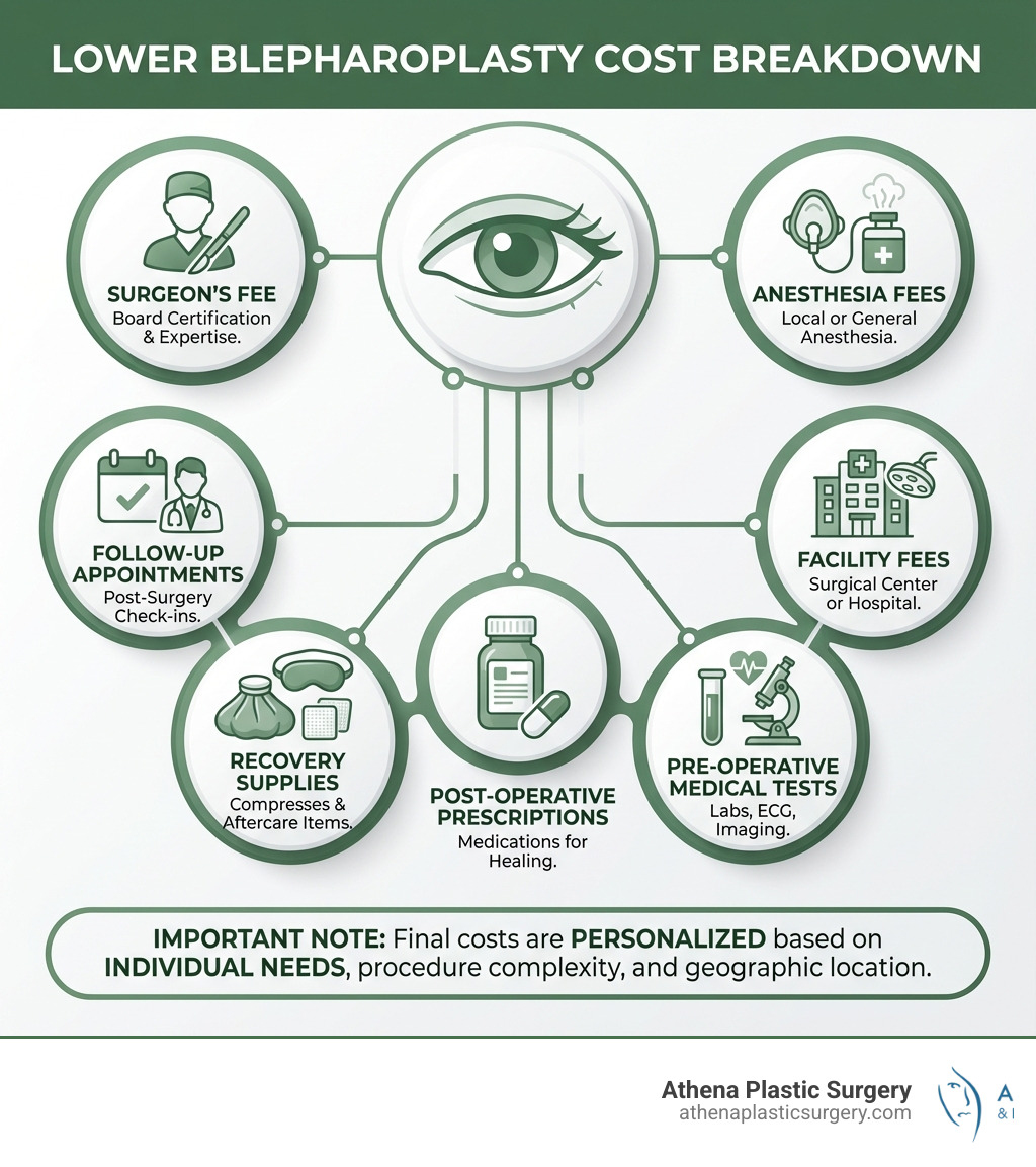 Infographic showing the breakdown of lower blepharoplasty cost components including surgeon's fee, anesthesia fees, facility fees, pre-operative medical tests, post-operative prescriptions, recovery supplies, and follow-up appointments, with a note that final costs are personalized based on individual needs - lower blepharoplasty cost infographic Infographic showing the breakdown of lower blepharoplasty cost components including surgeon's fee, anesthesia fees, facility fees, pre-operative medical tests, post-operative prescriptions, recovery supplies, and follow-up appointments, with a note that final costs are personalized based on individual needs - lower blepharoplasty cost infographic