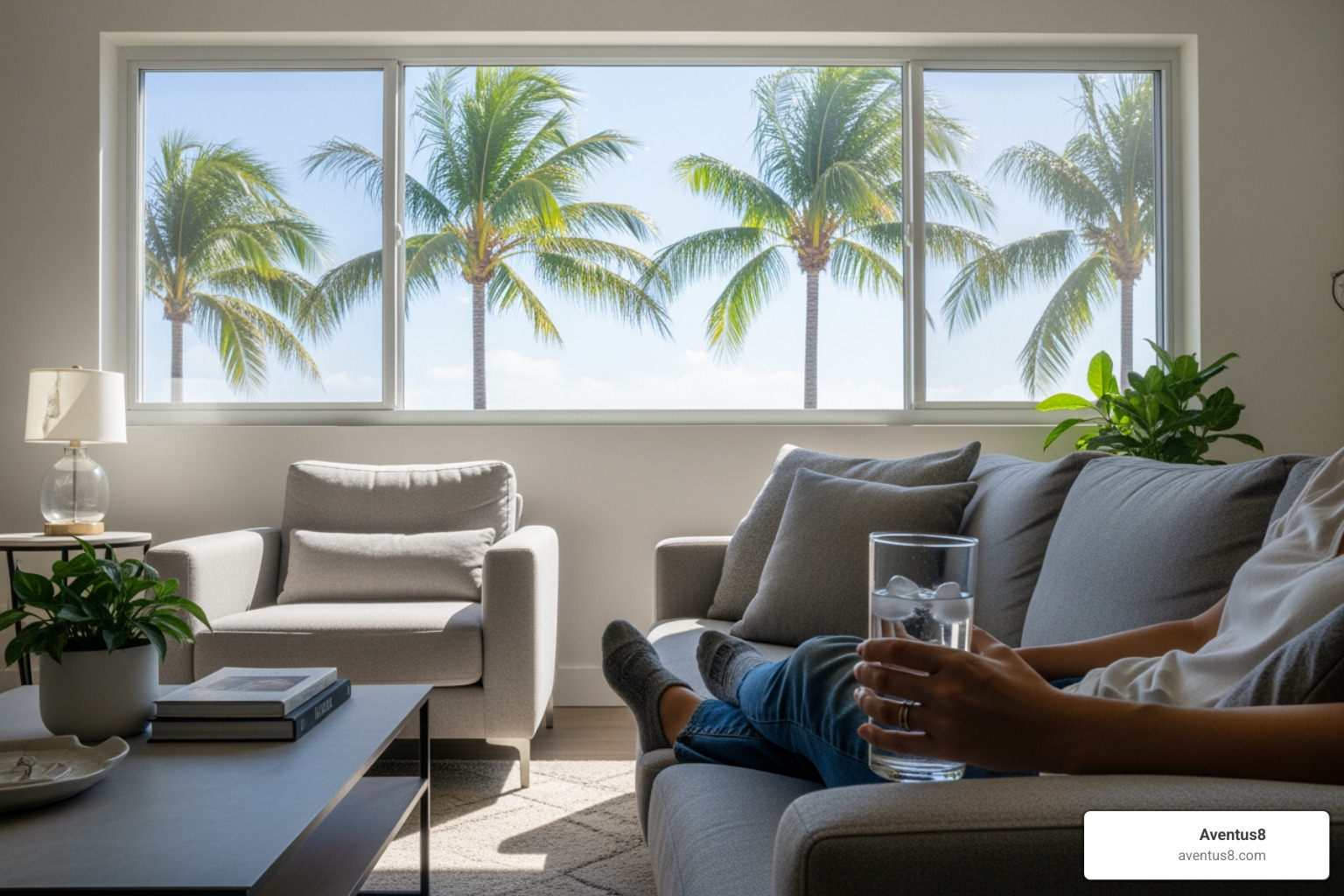 a person relaxing comfortably in a modern living room with a view of a Hollywood, FL palm tree outside the window, holding a glass of water - Potent THC edibles a person relaxing comfortably in a modern living room with a view of a Hollywood, FL palm tree outside the window, holding a glass of water - Potent THC edibles