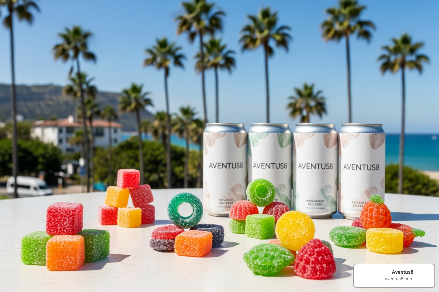 Aventus8’s selection of locally popular edible types like vibrant THC gummies and infused seltzers, with a blurred backdrop of Hollywood, FL palm trees and ocean - Potent THC edibles Aventus8’s selection of locally popular edible types like vibrant THC gummies and infused seltzers, with a blurred backdrop of Hollywood, FL palm trees and ocean - Potent THC edibles