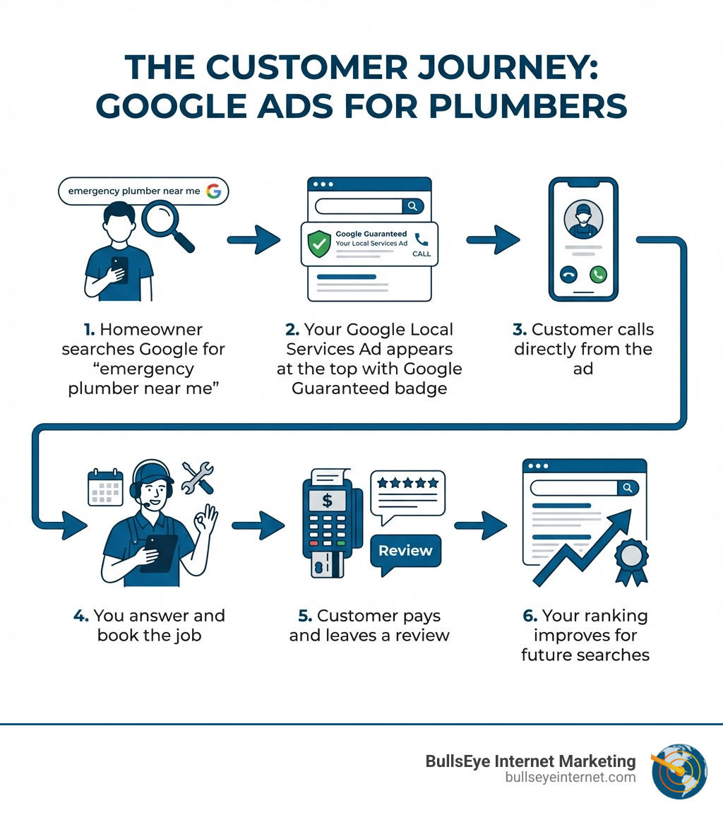 Infographic showing the customer journey: 1) Homeowner searches Google for "emergency plumber near me" 2) Your Google Local Services Ad appears at the top with Google Guaranteed badge 3) Customer calls directly from the ad 4) You answer and book the job 5) Customer pays and leaves a review 6) Your ranking improves for future searches - google ads for plumbers infographic Infographic showing the customer journey: 1) Homeowner searches Google for "emergency plumber near me" 2) Your Google Local Services Ad appears at the top with Google Guaranteed badge 3) Customer calls directly from the ad 4) You answer and book the job 5) Customer pays and leaves a review 6) Your ranking improves for future searches - google ads for plumbers infographic