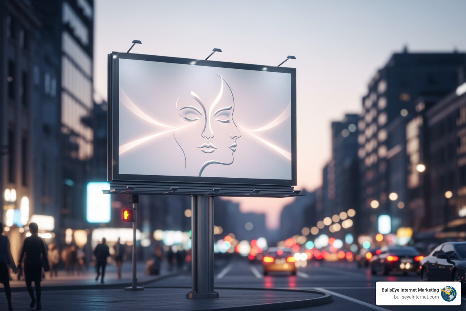 Billboard displaying elegant facial outlines, symbolizing cosmetic enhancement and plastic surgery advertising, in a bustling urban setting.