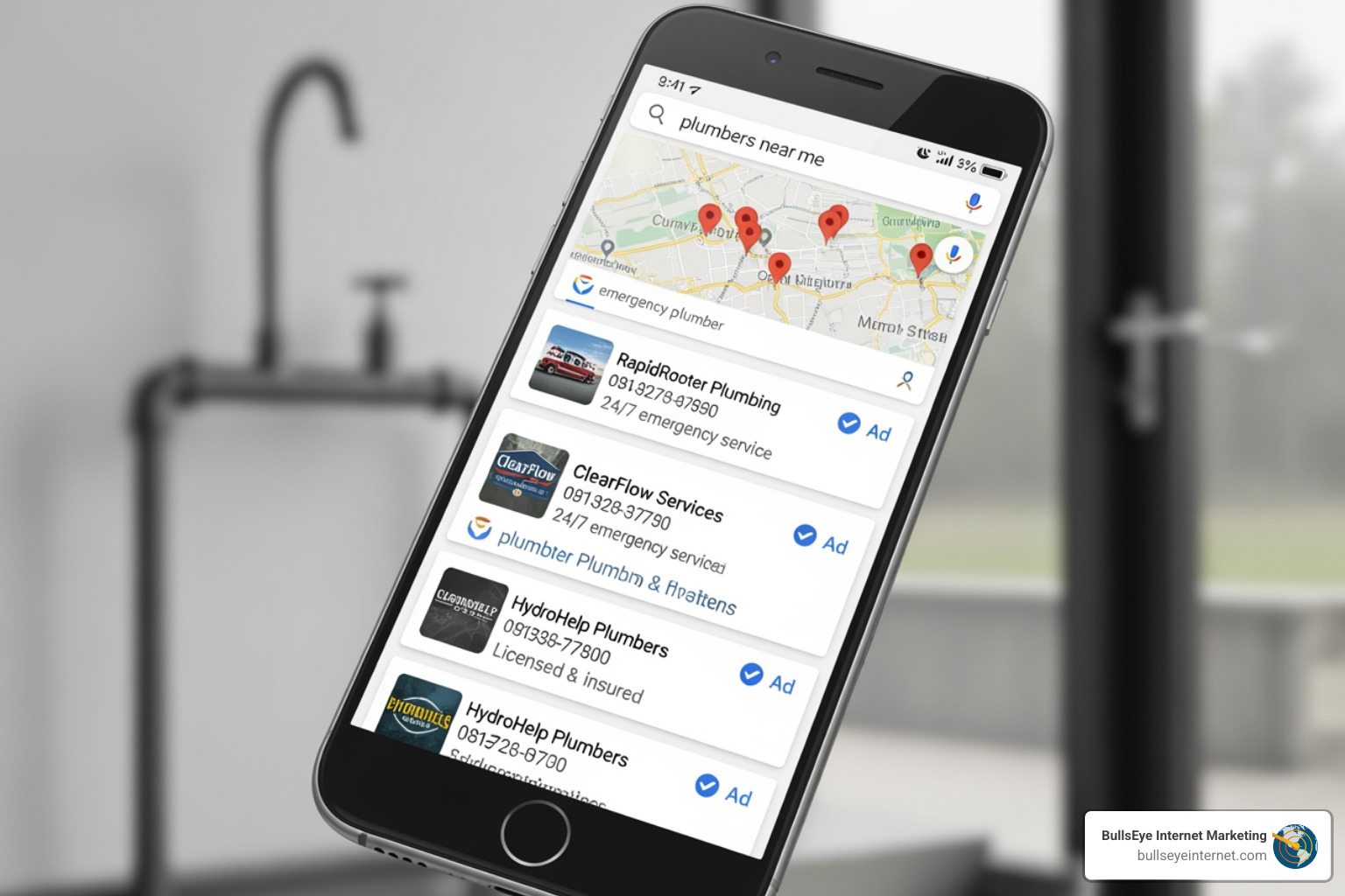 Google search results page showing Local Services Ads at the top, followed by Search Ads - google ads for plumbers Google search results page showing Local Services Ads at the top, followed by Search Ads - google ads for plumbers