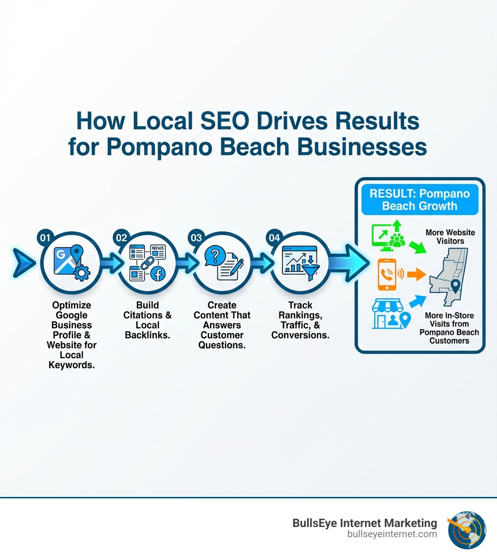 Infographic showing how local SEO drives results: Step 1 - Optimize Google Business Profile and website for local keywords; Step 2 - Build citations and local backlinks; Step 3 - Create content that answers customer questions; Step 4 - Track rankings, traffic, and conversions; Result - More website visitors, phone calls, and in-store visits from Pompano Beach customers - SEO company Pompano Beach infographic How local SEO drives results for Pompano Beach businesses, featuring steps to optimize Google Business, build citations, create customer-focused content, and track performance, with a focus on increasing website visitors and in-store traffic.
