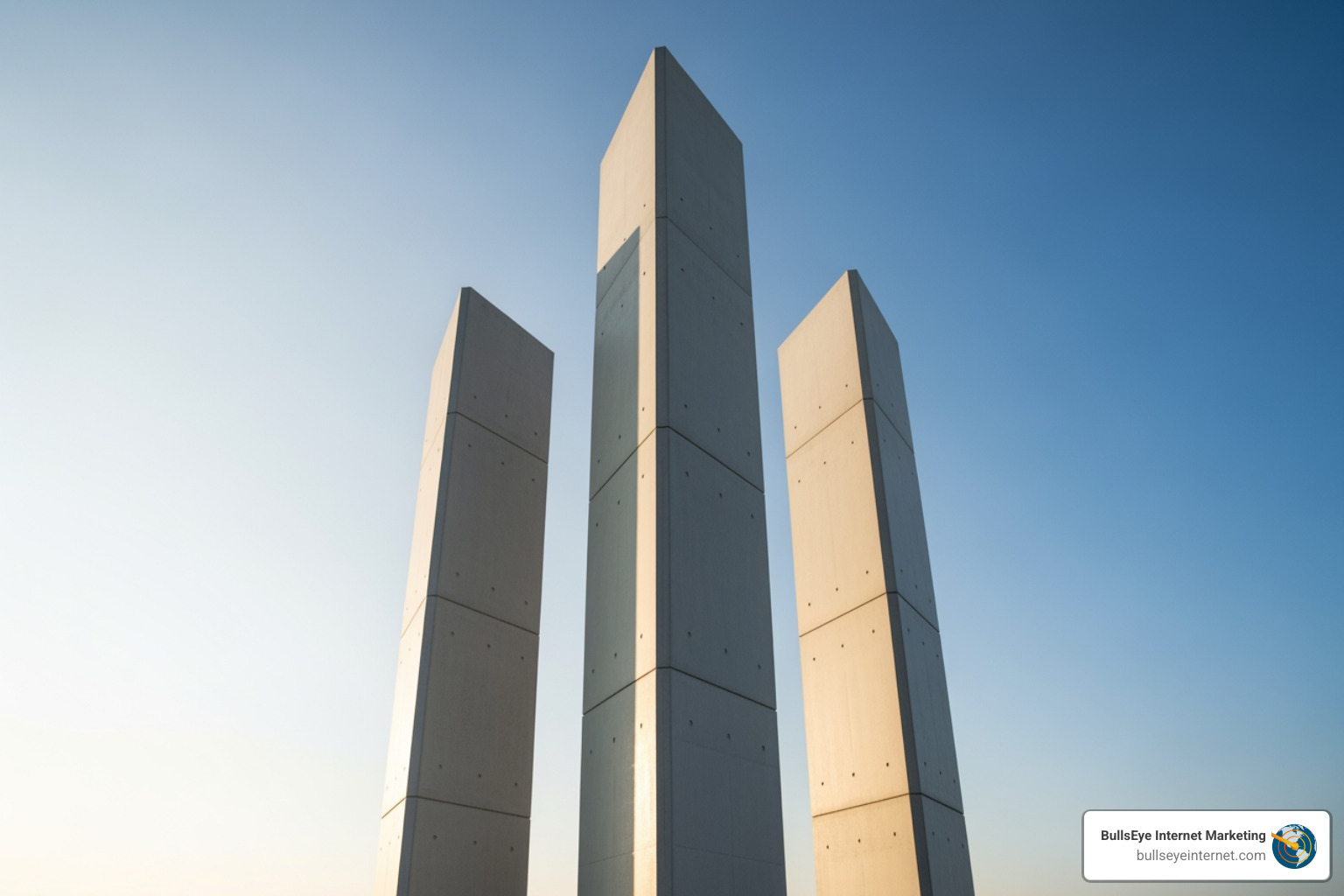 Three tall, modern concrete pillars against a clear blue sky, symbolizing local business prominence and visibility, with Bullseye Internet Marketing logo in the corner, reflecting GMB optimization services.