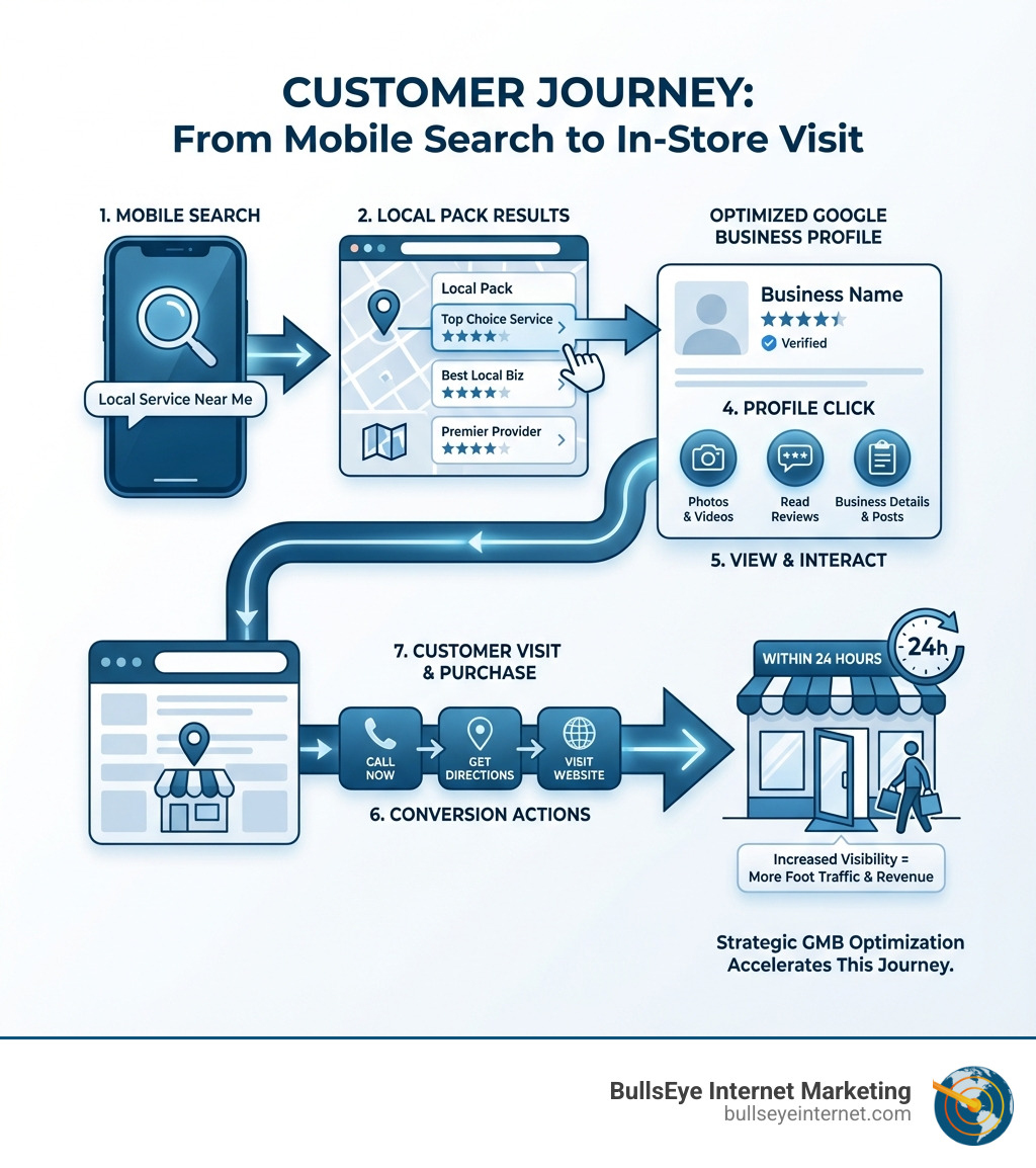 Customer journey infographic illustrating the process from mobile search to in-store visit, highlighting Google Business Profile optimization, local pack results, and conversion actions for increased visibility and revenue.