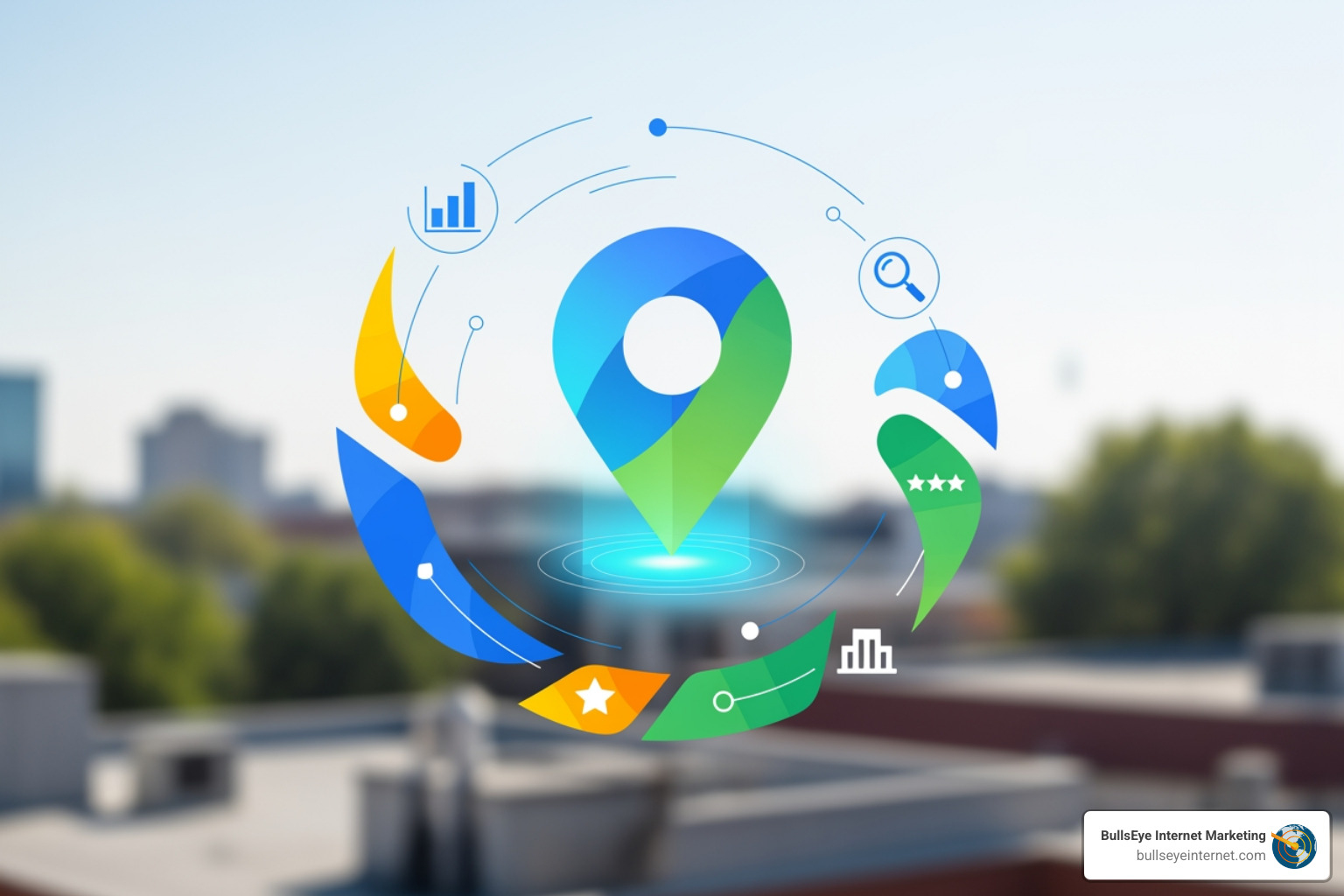 Location pin graphic with analytics icons, symbolizing Google Business Profile optimization for local visibility and engagement, branded with Bullseye Internet Marketing logo.