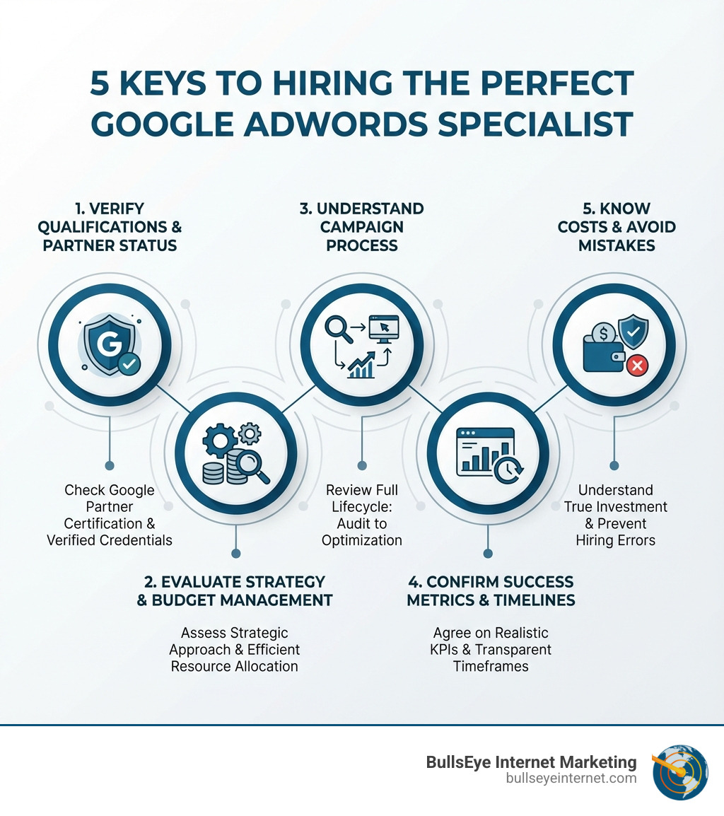 Infographic showing the 5 keys to hiring the perfect Google AdWords specialist: 1) Verify qualifications and Google Partner certification, 2) Evaluate their budget management and strategic approach, 3) Understand their campaign process from audit to optimization, 4) Confirm they track the right success metrics with realistic timelines, 5) Know the true costs and avoid hiring mistakes - google adwords specialists infographic 