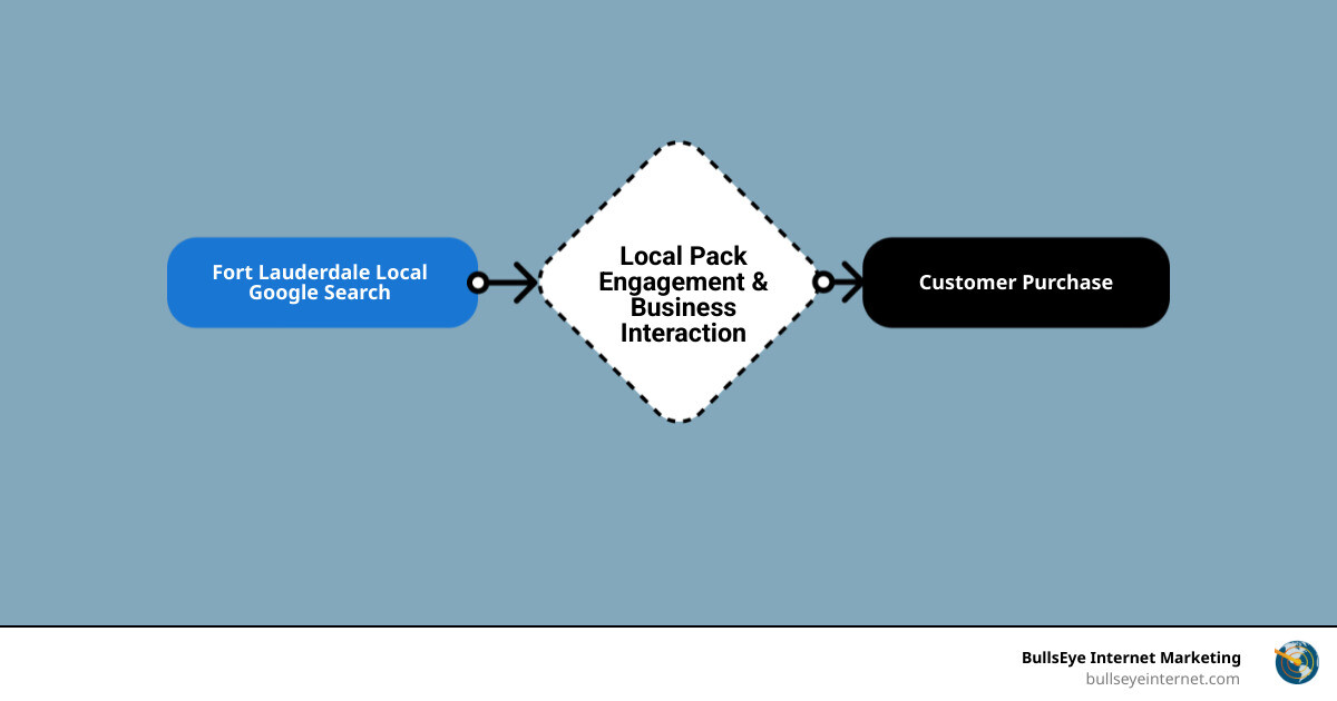 Infographic showing the customer journey from a Fort Lauderdale local Google search through the Local Pack to website visit, phone call, and final purchase, with statistics showing conversion rates at each stage and highlighting the 47% higher conversion rate for location-specific content - search engine optimization fort lauderdale infographic flowmap_simple