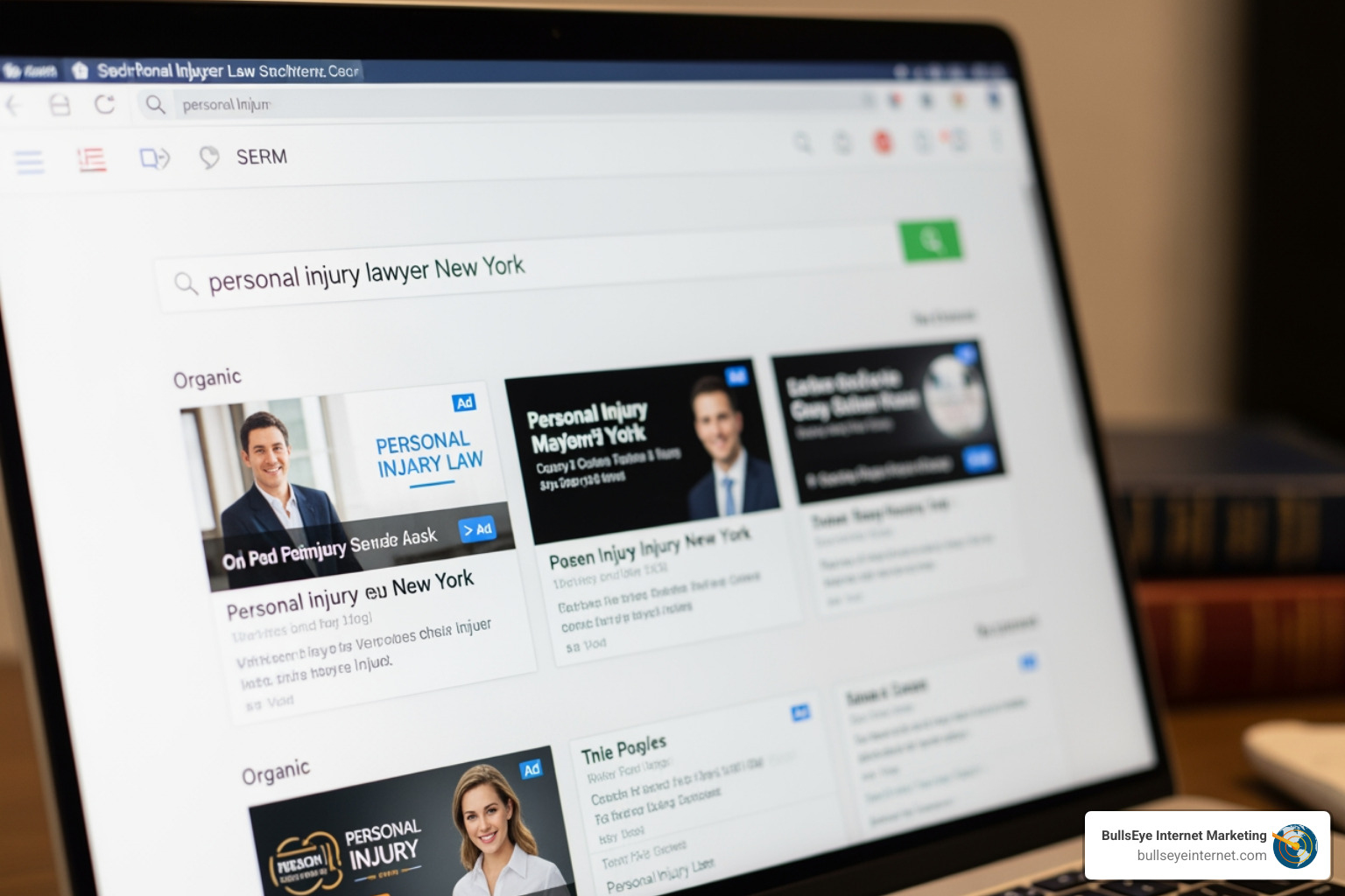 A search engine results page with paid ads highlighted at the top, showing a law firm's advertisement prominently displayed - lawyer ppc advertising A search engine results page with paid ads highlighted at the top, showing a law firm's advertisement prominently displayed - lawyer ppc advertising