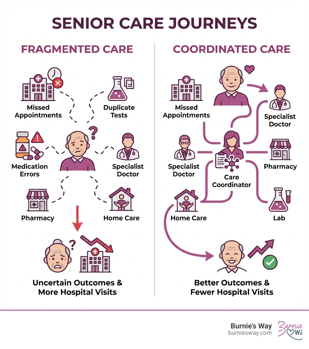 Infographic showing two patient journeys side by side: Left side labeled "Fragmented Care" shows a confused senior visiting multiple disconnected providers with missed appointments, duplicate tests, and medication errors. Right side labeled "Coordinated Care" shows the same senior with a clear path through all providers, connected by a care coordinator at the center, resulting in better outcomes and fewer hospital visits. - senior care coordination infographic Infographic showing two patient journeys side by side: Left side labeled "Fragmented Care" shows a confused senior visiting multiple disconnected providers with missed appointments, duplicate tests, and medication errors. Right side labeled "Coordinated Care" shows the same senior with a clear path through all providers, connected by a care coordinator at the center, resulting in better outcomes and fewer hospital visits. - senior care coordination infographic