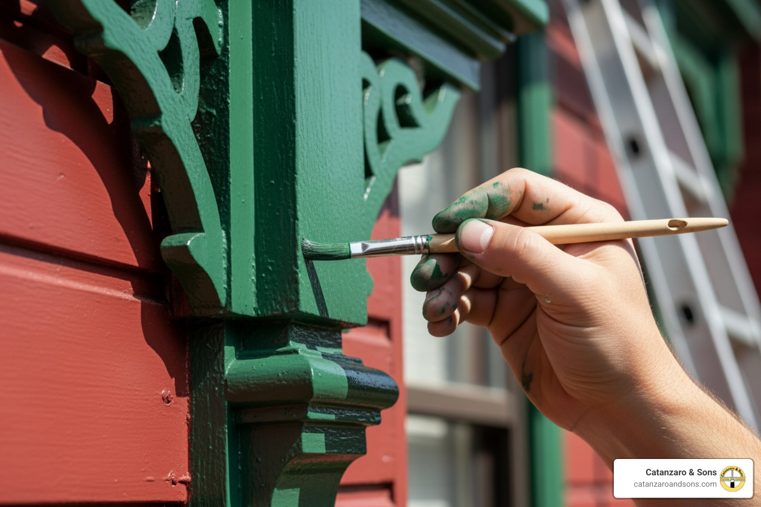 painter carefully painting detailed trim on a historic house - house painters in newport ri painter carefully painting detailed trim on a historic house - house painters in newport ri