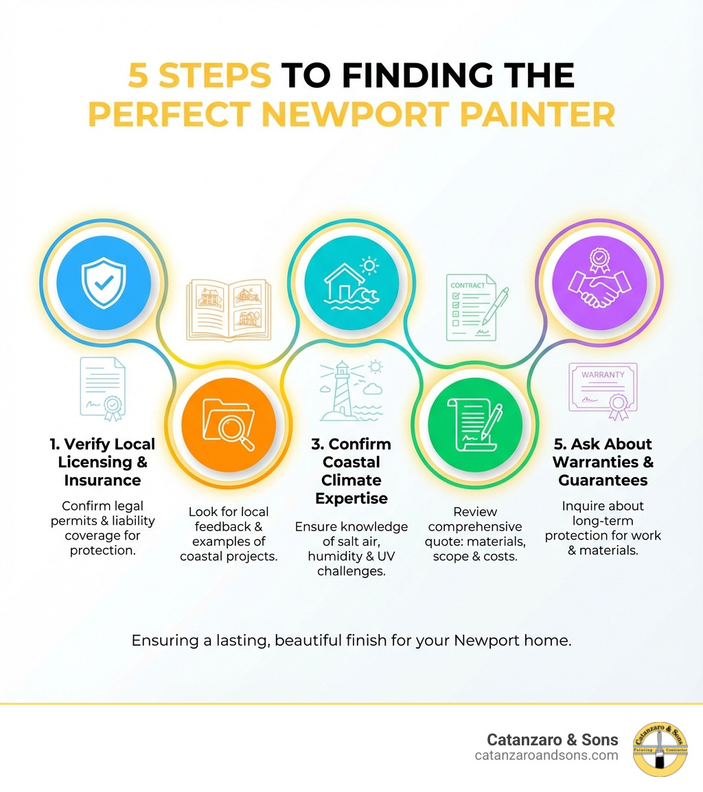 infographic showing 5 key steps: 1. Verify local licensing and insurance 2. Check reviews and portfolio of Newport projects 3. Confirm coastal climate expertise 4. Get detailed written estimate 5. Ask about warranties and guarantees - house painters in newport ri infographic infographic showing 5 key steps: 1. Verify local licensing and insurance 2. Check reviews and portfolio of Newport projects 3. Confirm coastal climate expertise 4. Get detailed written estimate 5. Ask about warranties and guarantees - house painters in newport ri infographic